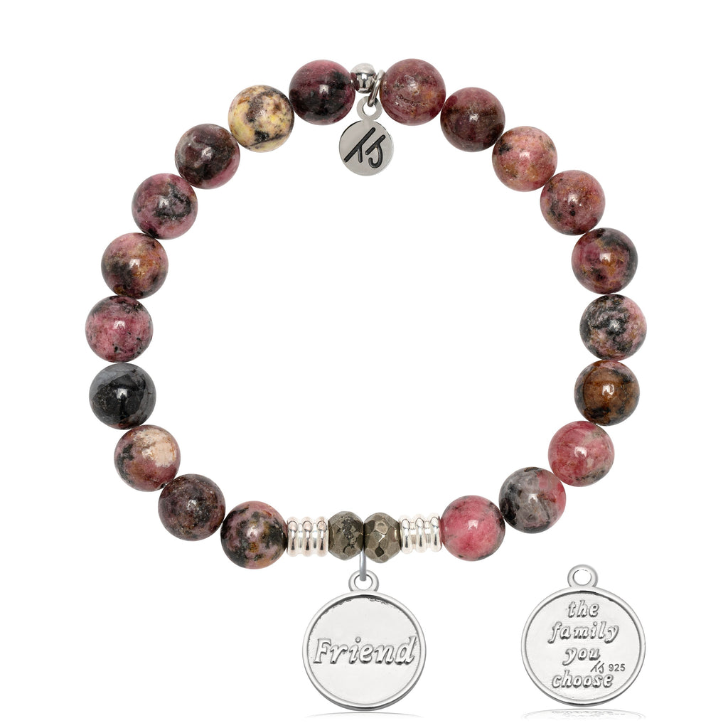 Pink Rhodonite Gemstone Bracelet with Friend the Family Sterling Silver Charm
