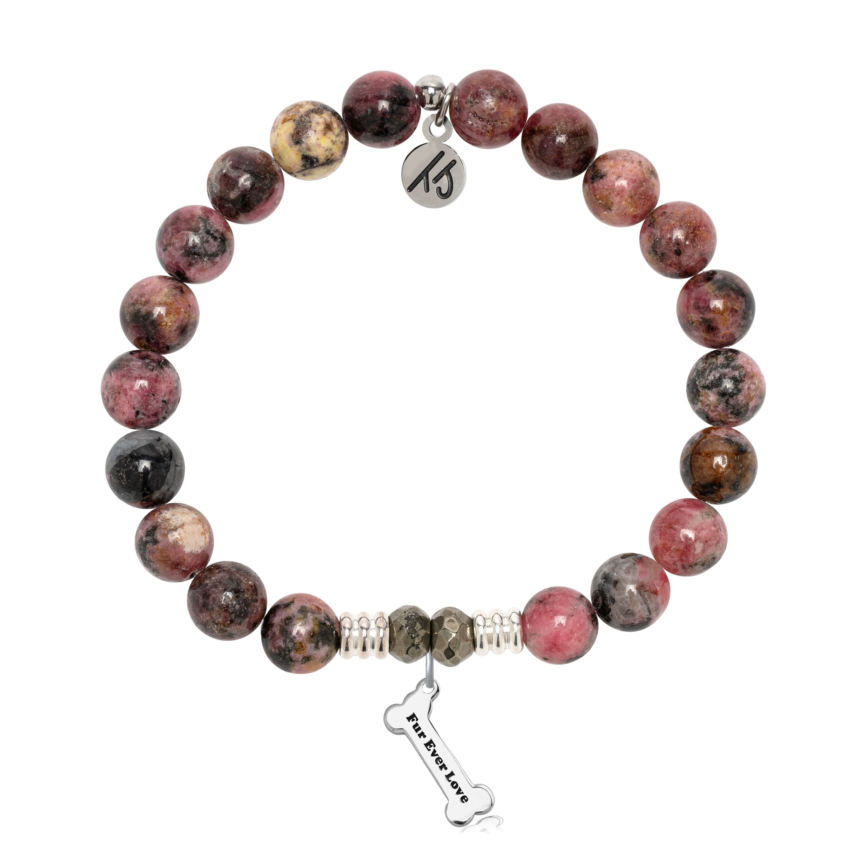 Pink Rhodonite Gemstone Bracelet with Fur Ever Love Sterling Silver Charm