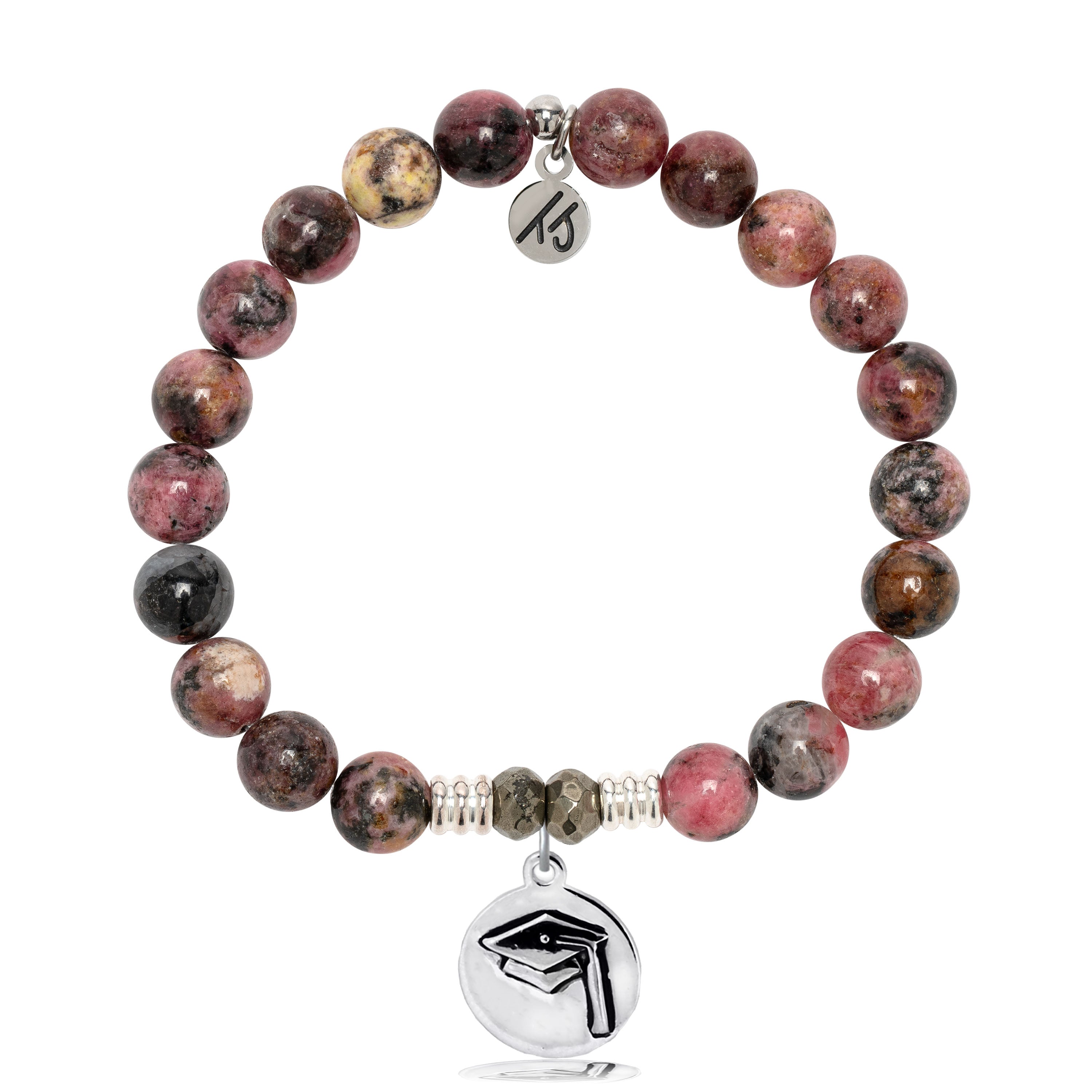 Pink Rhodonite Gemstone Bracelet with Grad Cap Sterling Silver Charm