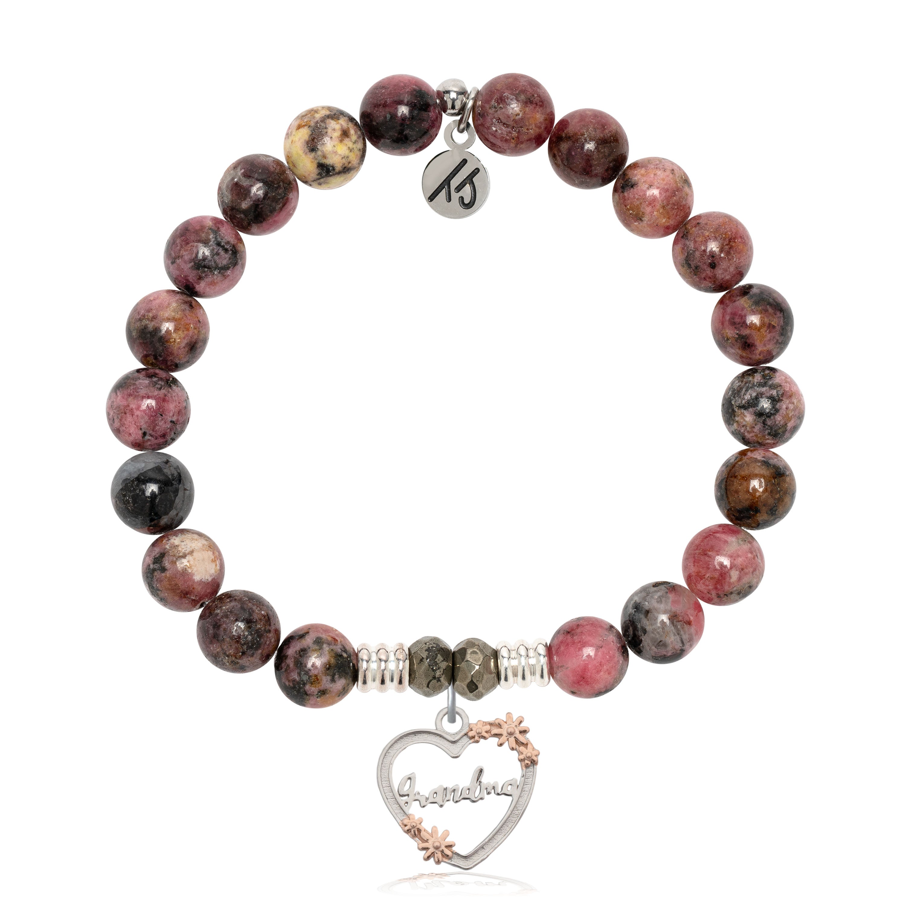 Pink Rhodonite Gemstone Bracelet with Heart Grandma Sterling Silver Charm