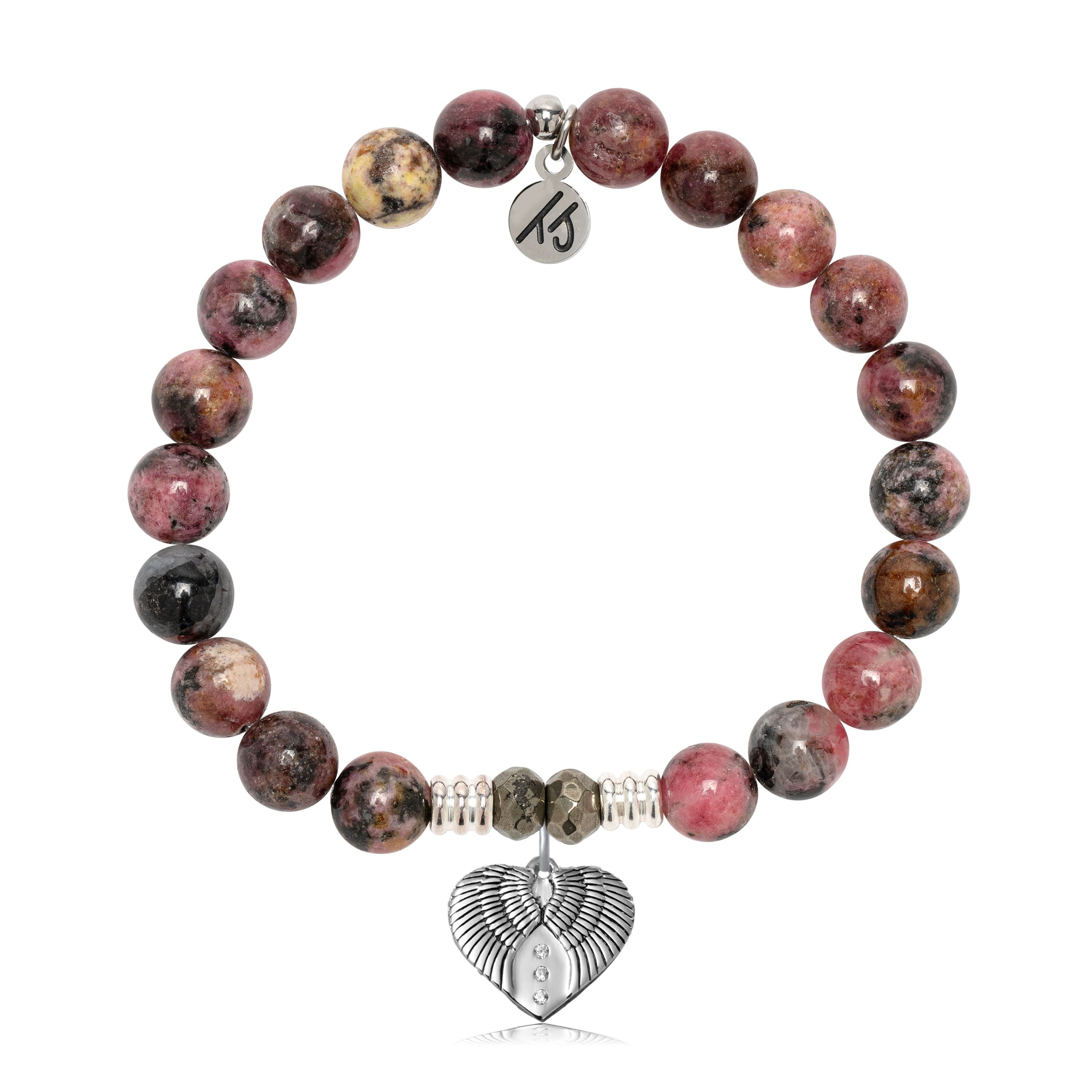 Pink Rhodonite Gemstone Bracelet with Heart of Angels Sterling Silver Charm