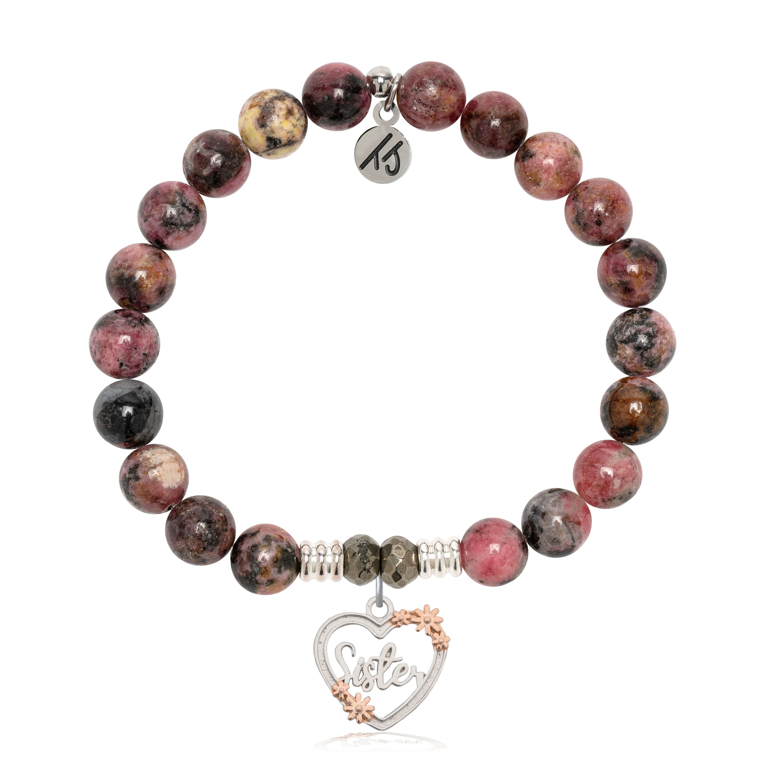 Pink Rhodonite Gemstone Bracelet with Heart Sister Sterling Silver Charm
