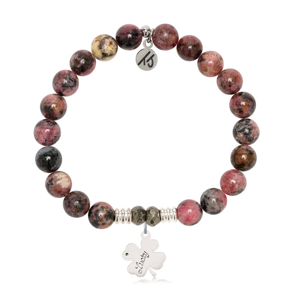 Pink Rhodonite Gemstone Bracelet with Lucky Clover Sterling Silver Charm