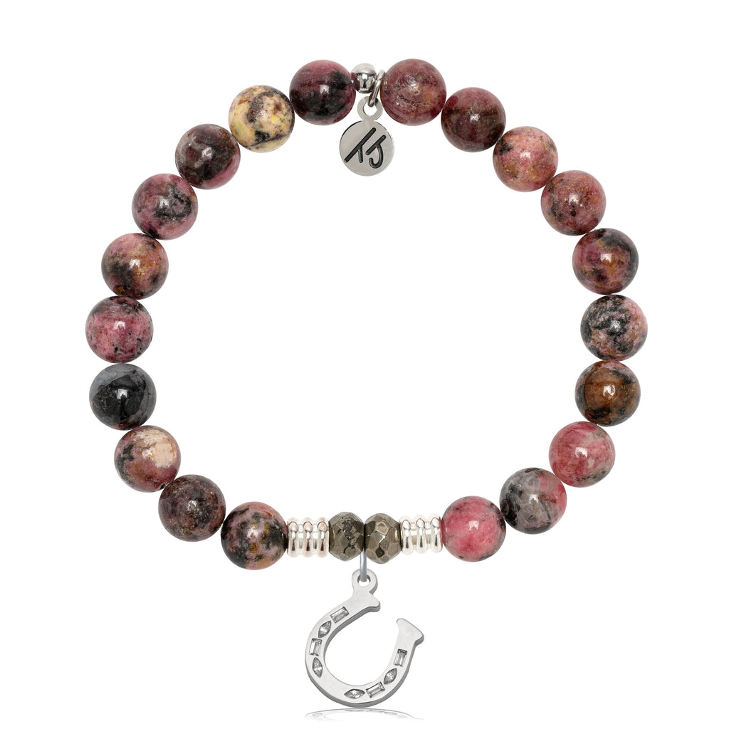Pink Rhodonite Gemstone Bracelet with Lucky Horseshoe Sterling Silver Charm