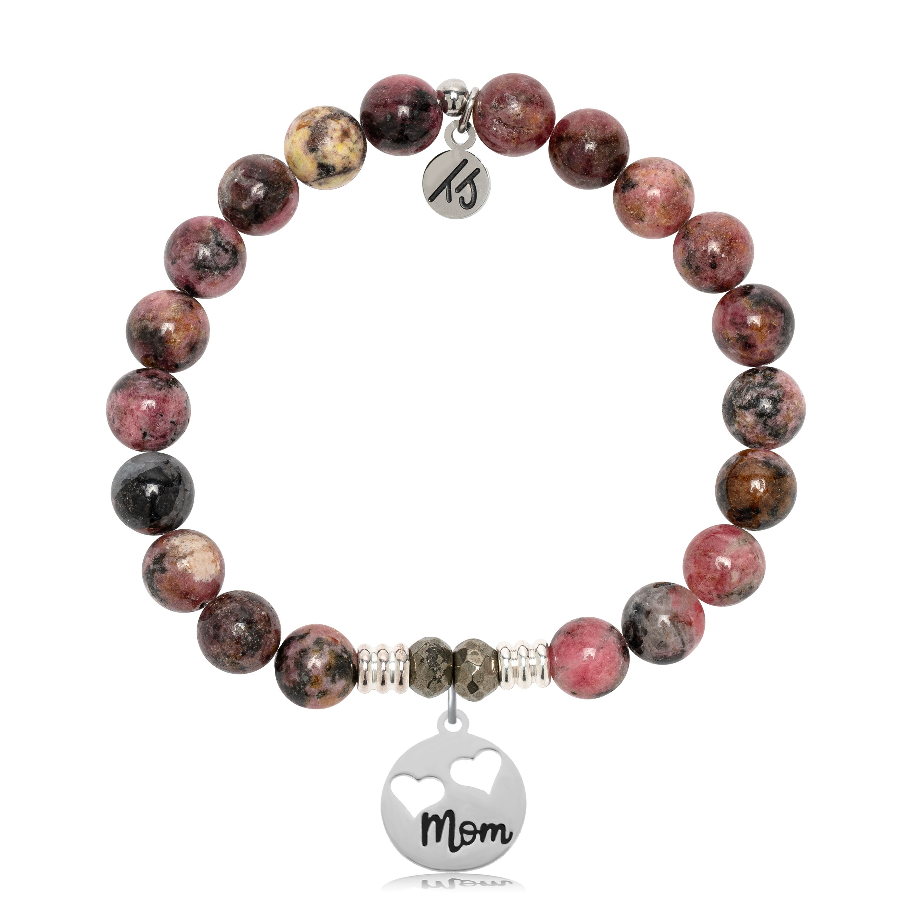 Pink Rhodonite Gemstone Bracelet with Mom... Sterling Silver Charm