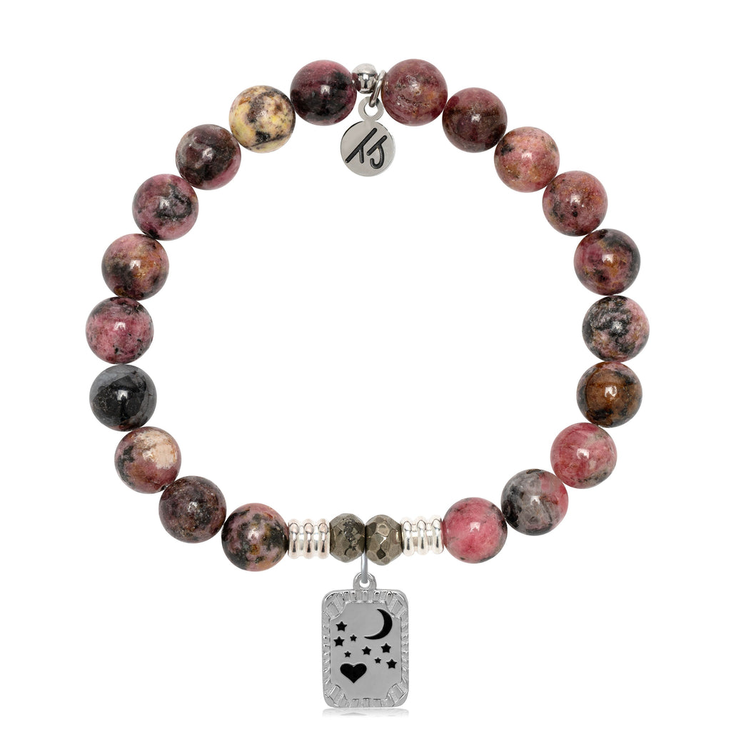 Pink Rhodonite Gemstone Bracelet with Moon and Back Sterling Silver Charm
