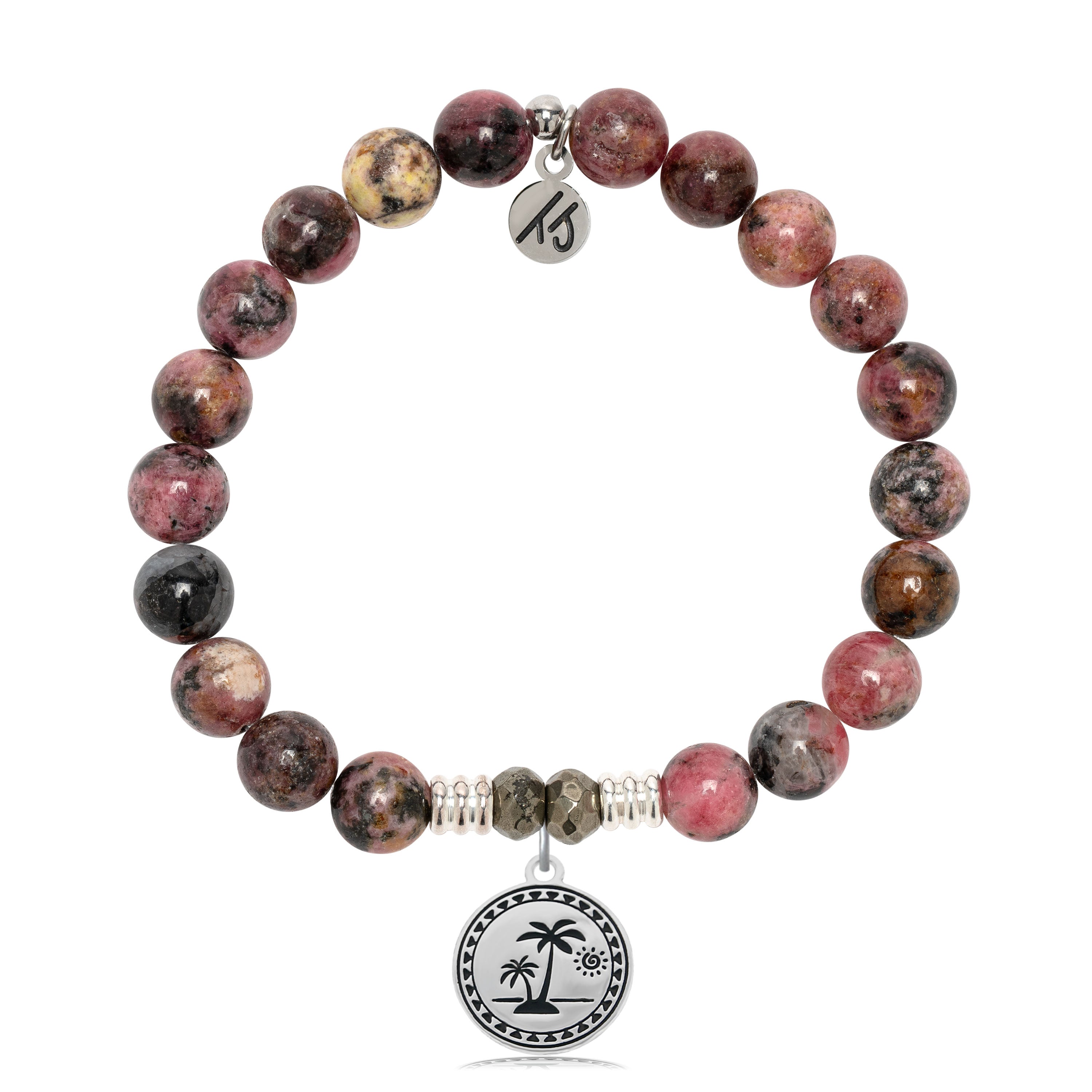 Pink Rhodonite Gemstone Bracelet with Palm Tree Sterling Silver Charm