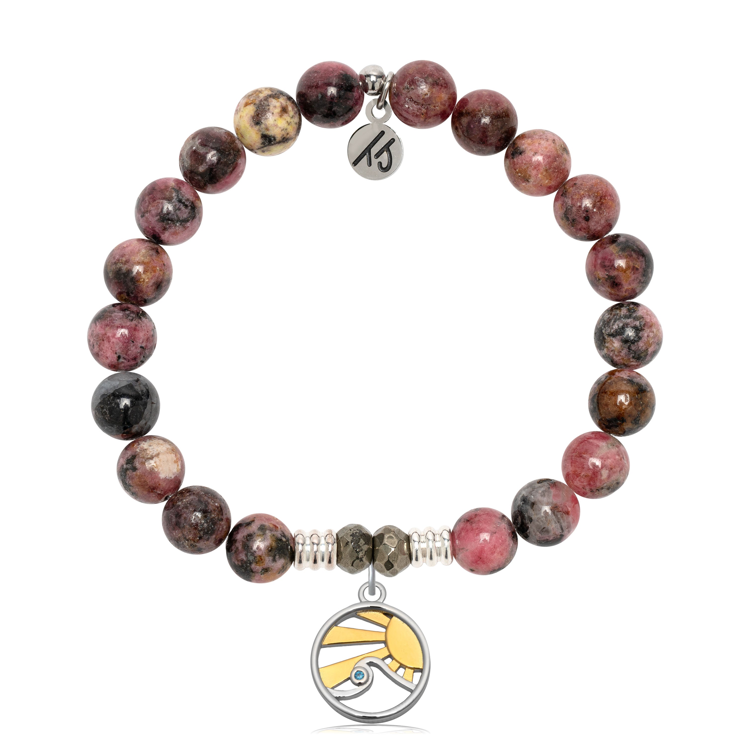 Pink Rhodonite Gemstone Bracelet with Rising Sun Sterling Silver Charm