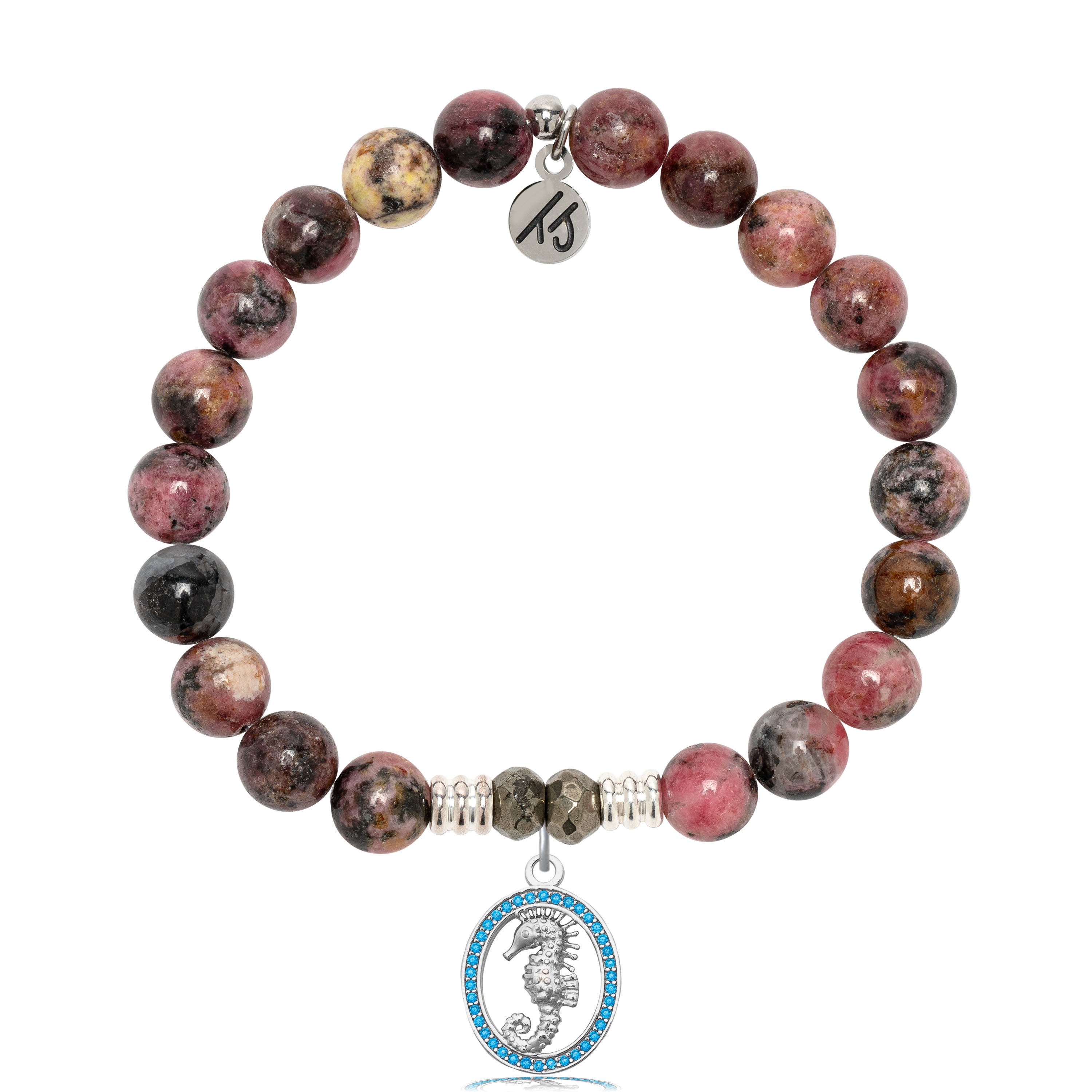 Pink Rhodonite Gemstone Bracelet with Seahorse Sterling Silver Charm