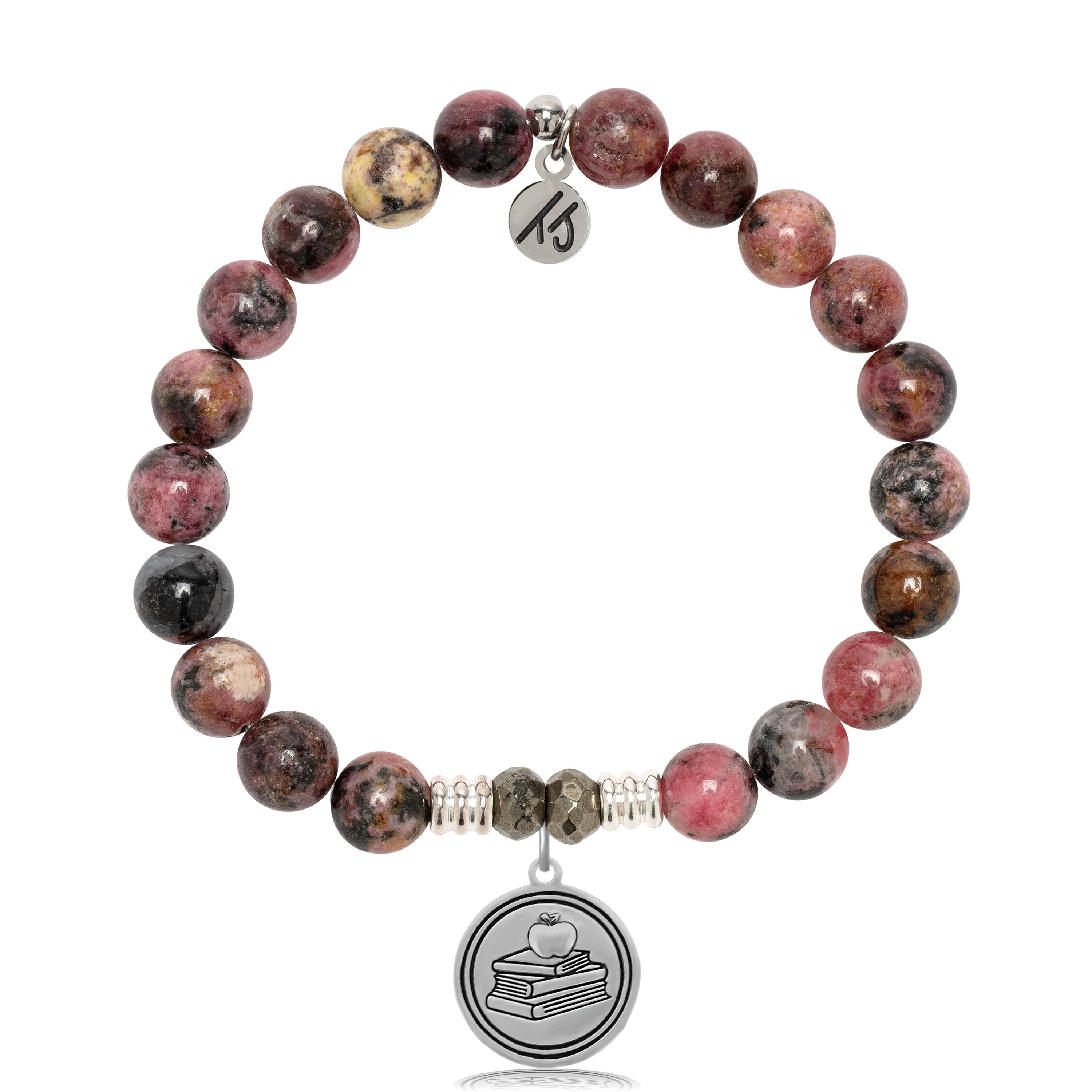 Pink Rhodonite Gemstone Bracelet with Teacher Sterling Silver Charm
