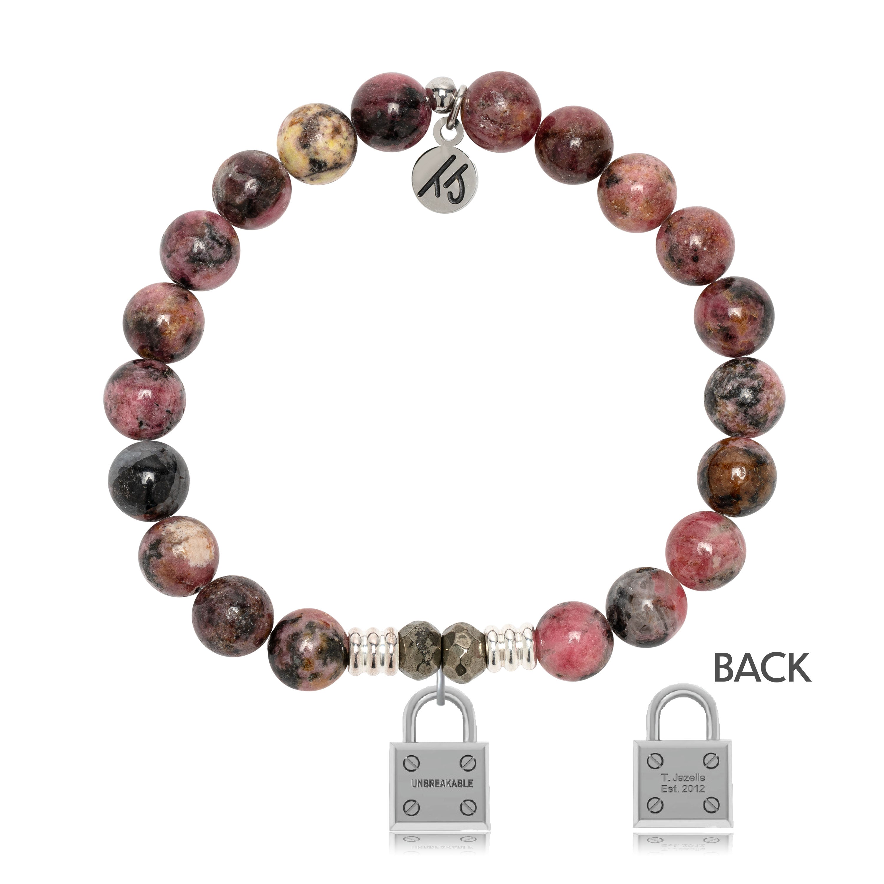 Pink Rhodonite Gemstone Bracelet with Unbreakable Sterling Silver Charm