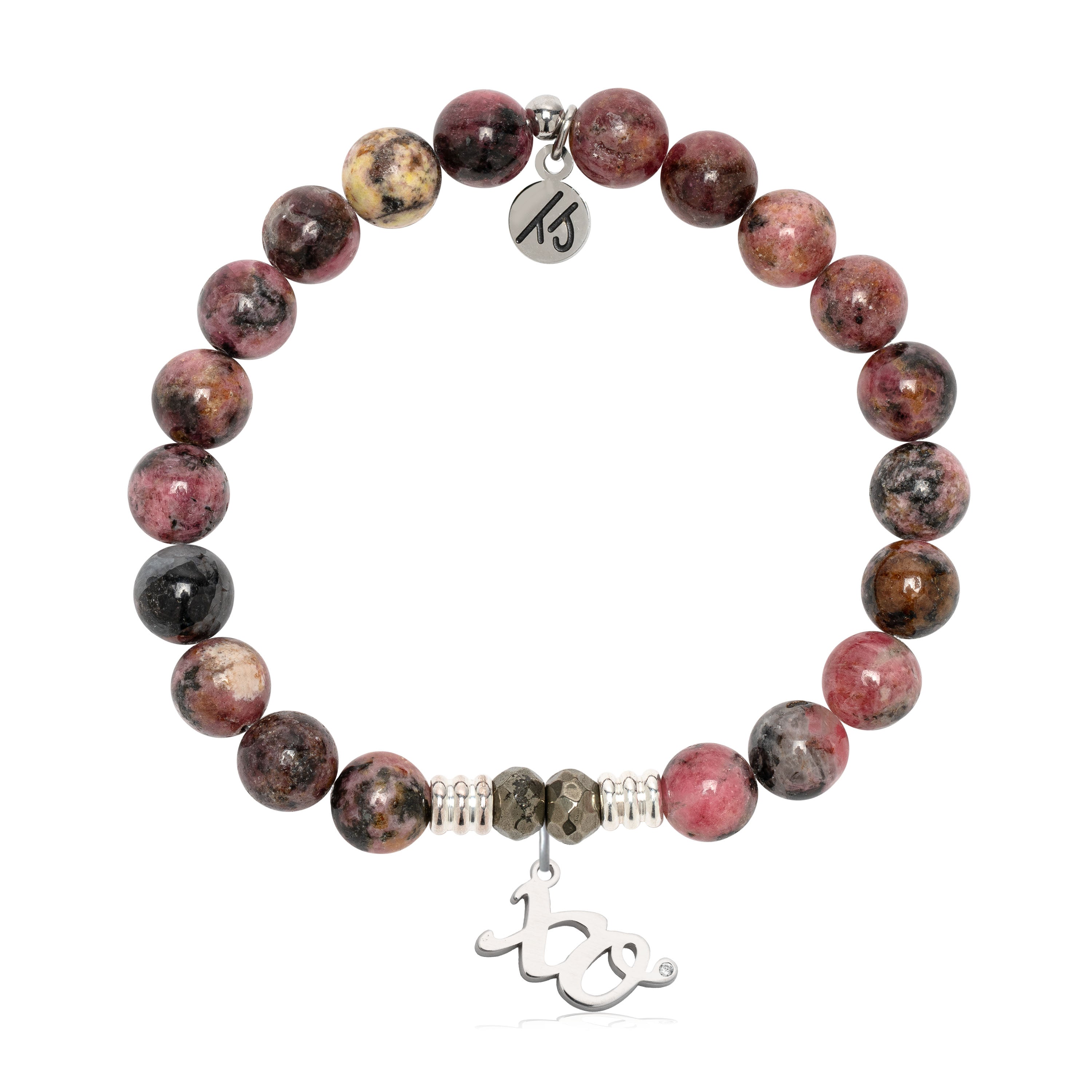 Pink Rhodonite Gemstone Bracelet with XO Sterling Silver Charm