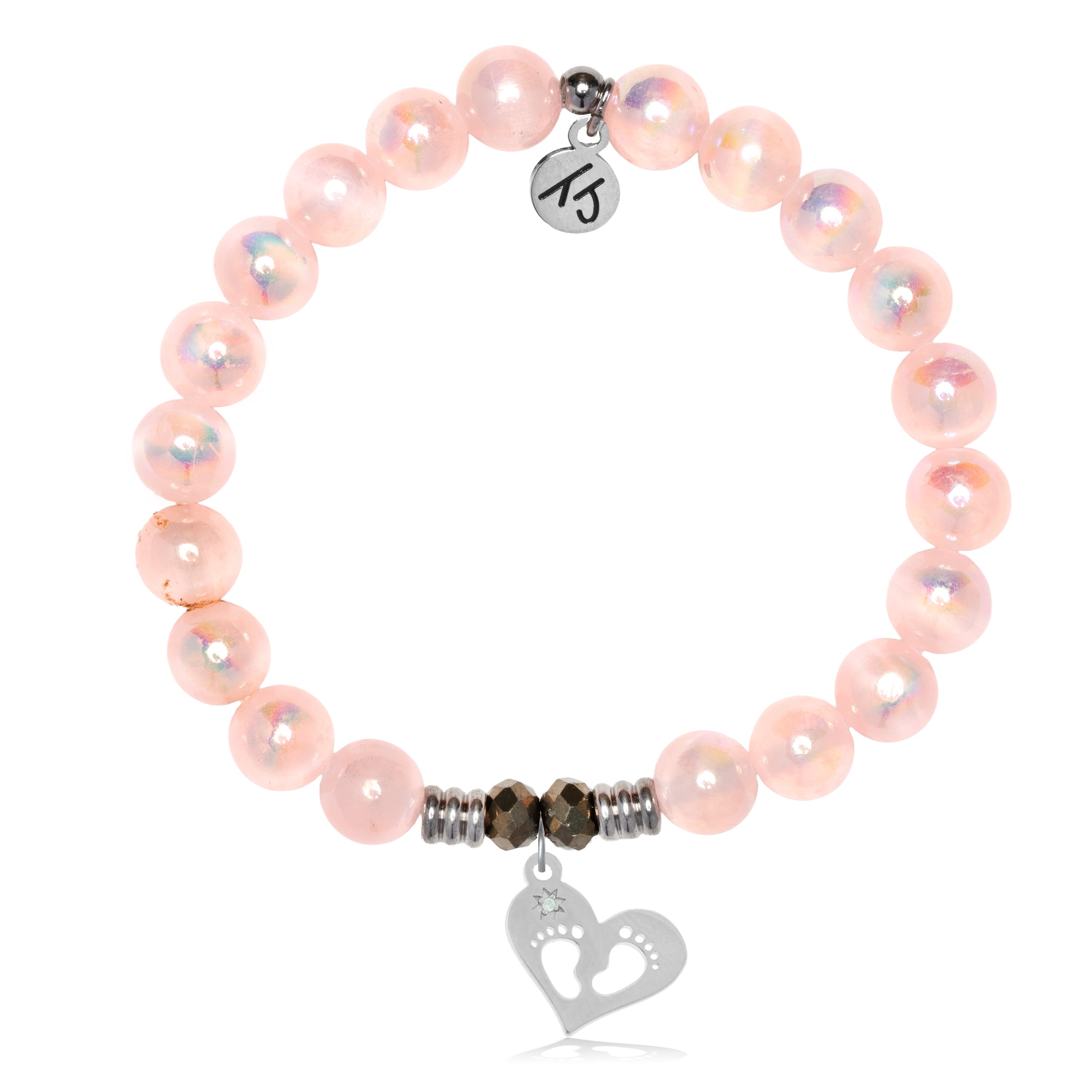 Pink Selenite Gemstone Bracelet with Baby Feet Sterling Silver Charm