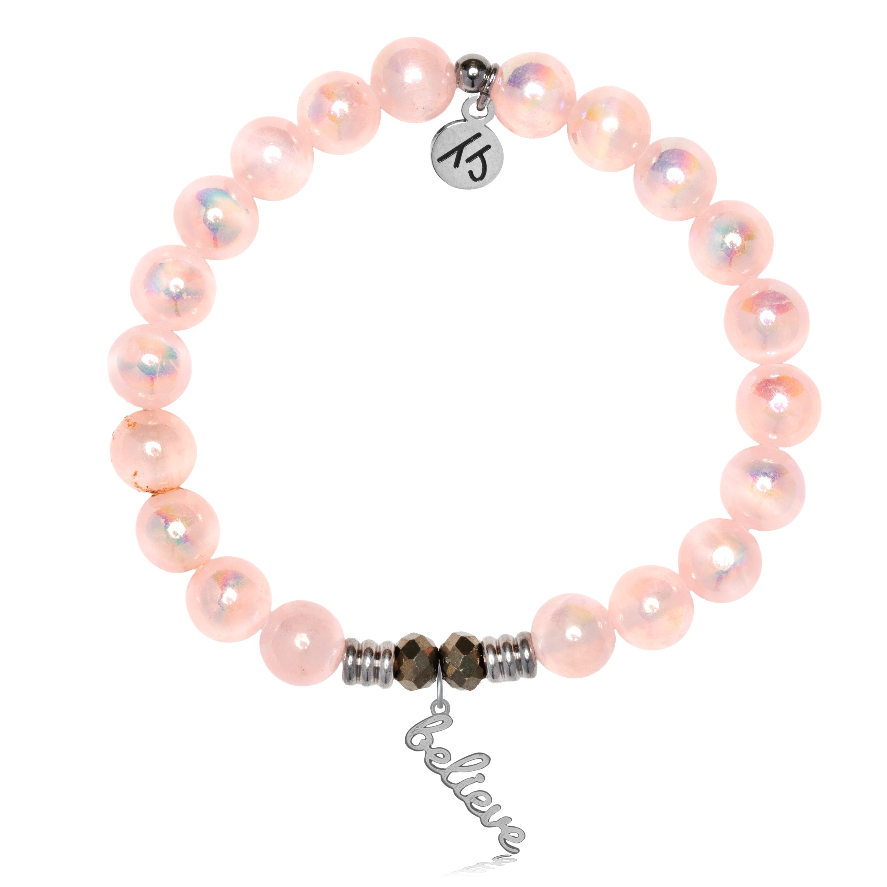 Pink Selenite Gemstone Bracelet with Believe in Yourself Sterling Silver Charm