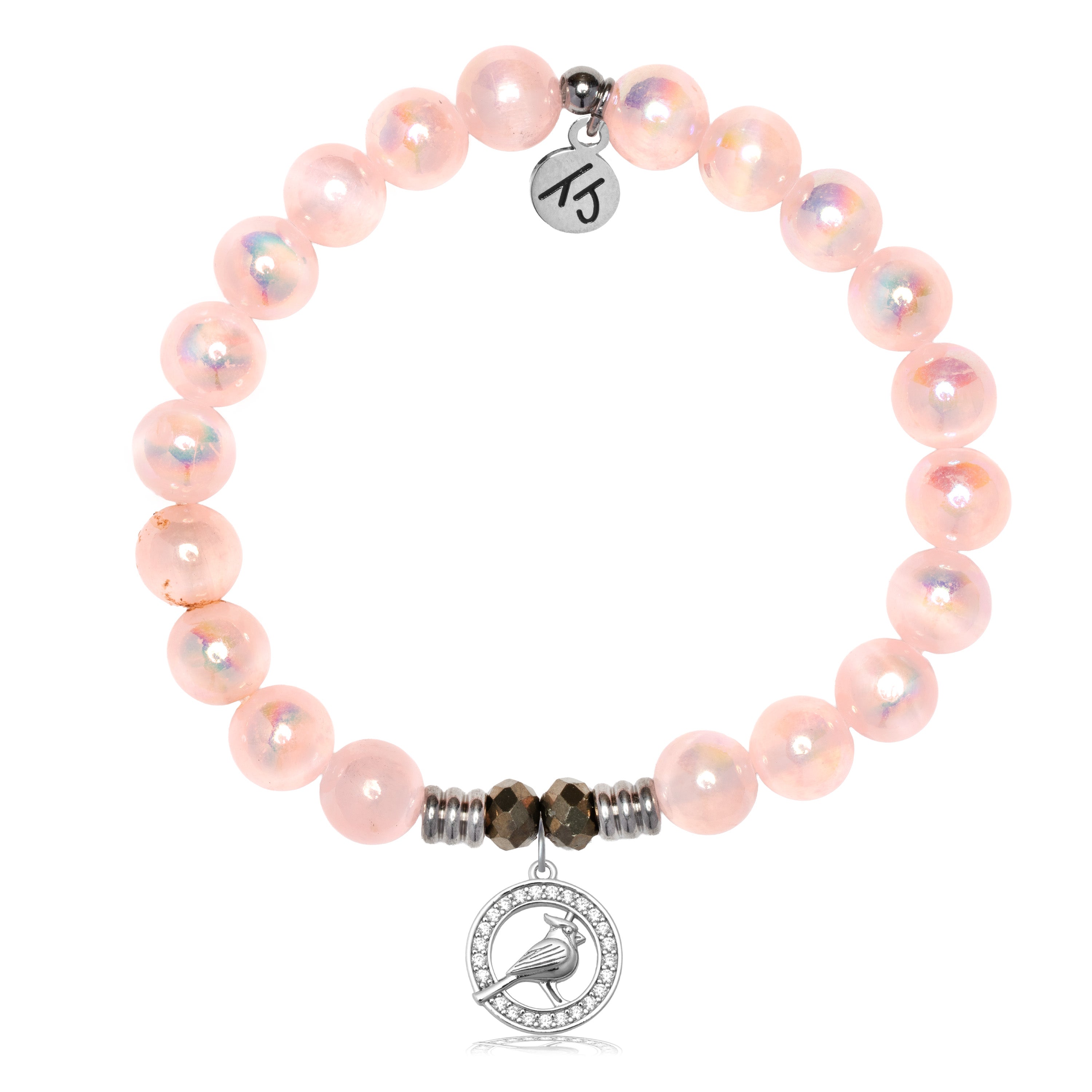 Pink Selenite Gemstone Bracelet with Cardinal White CZ Sterling Silver Charm