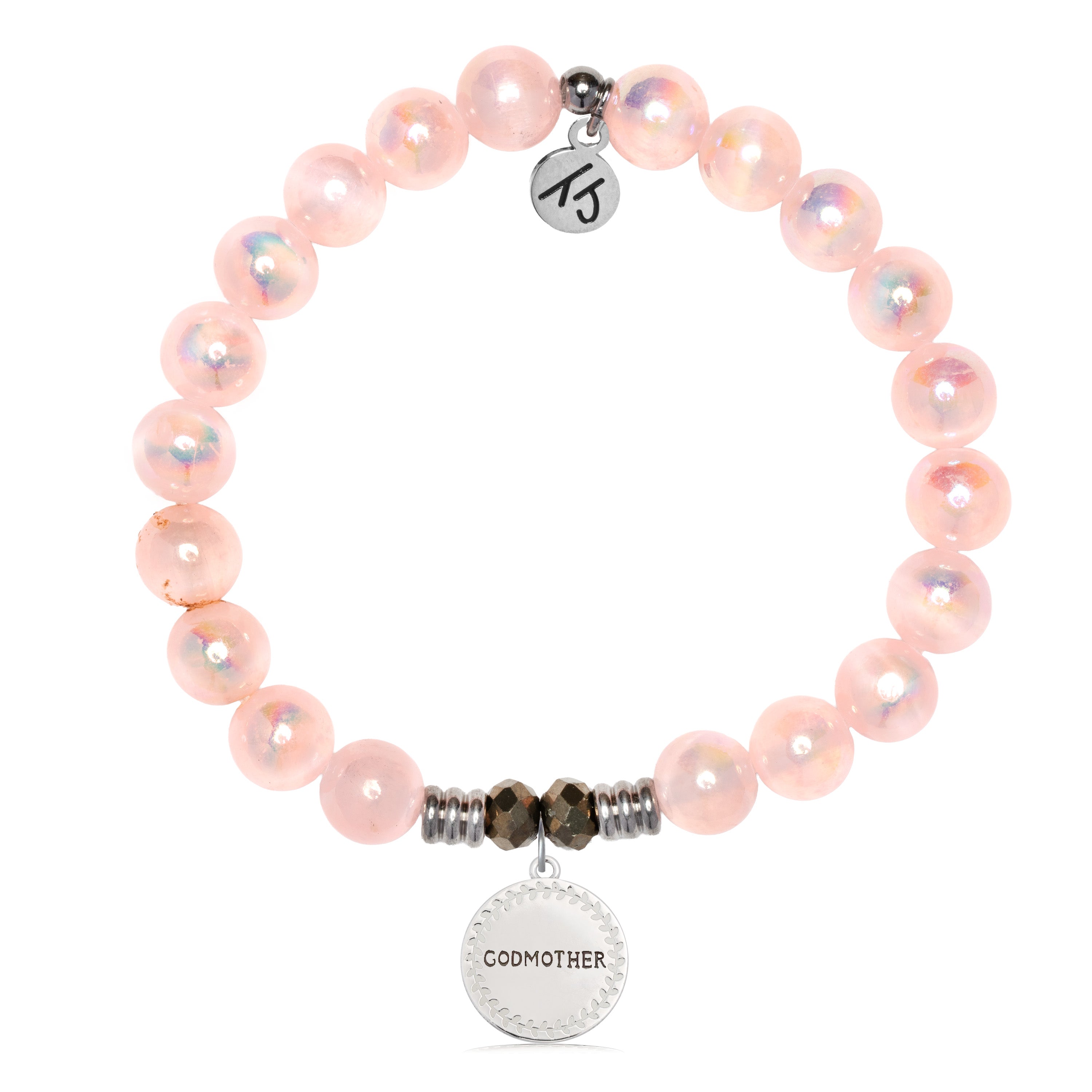 Pink Selenite Gemstone Bracelet with Endless Love Godmother Sterling Silver Charm