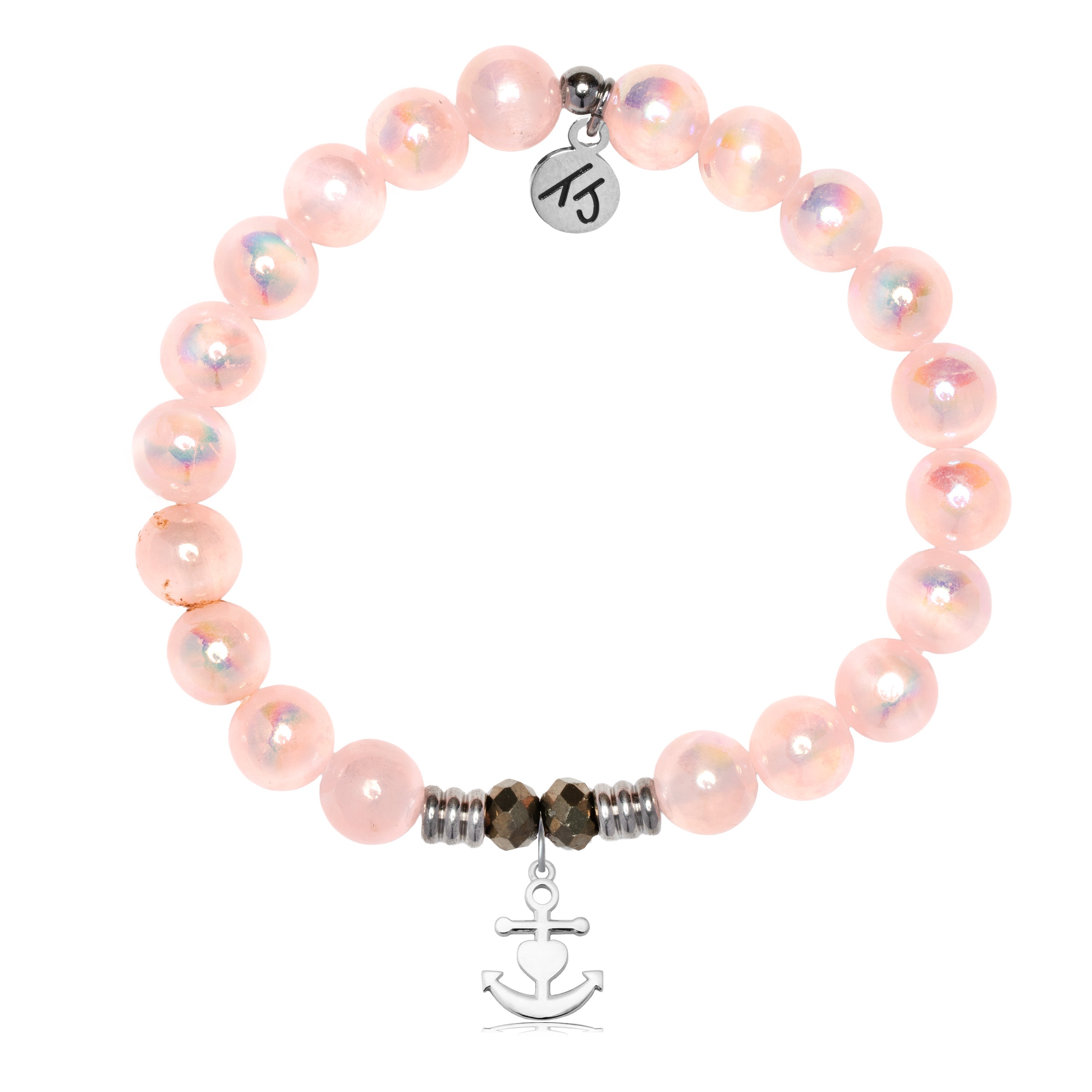 Pink Selenite Gemstone Bracelet with Faith. Hope. Love Sterling Silver Charm