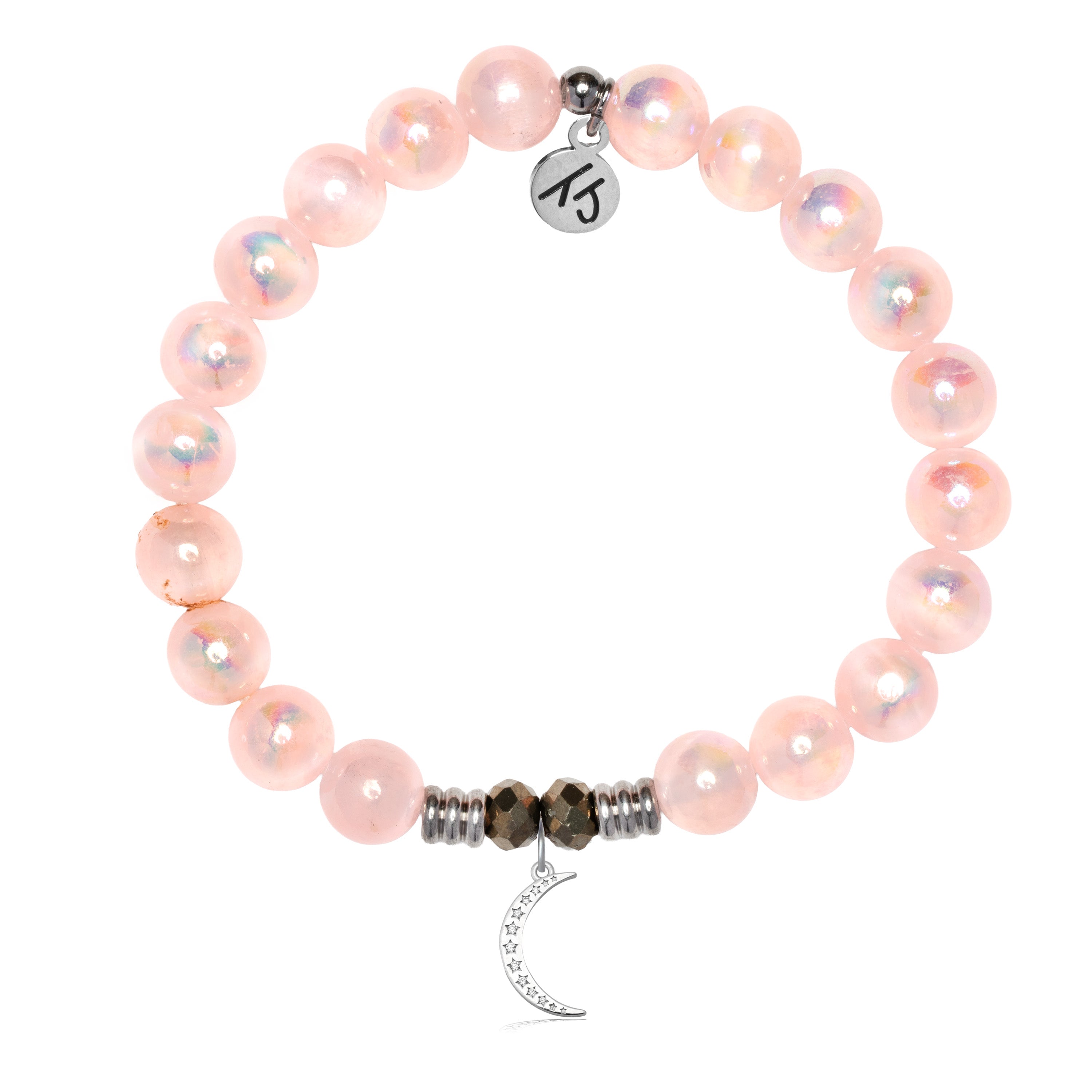Pink Selenite Gemstone Bracelet with Friendship Moon Sterling Silver Charm