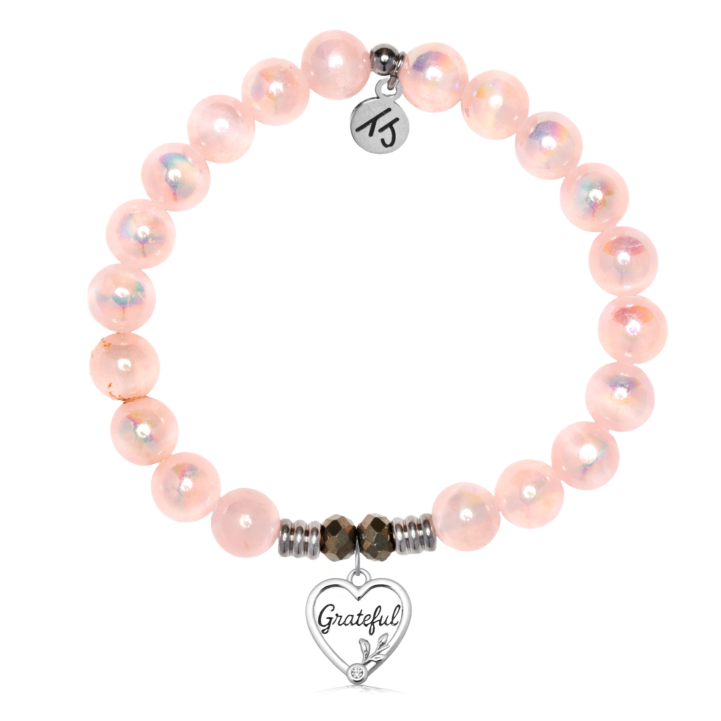 Pink Selenite Gemstone Bracelet with Grateful Sterling Silver Charm