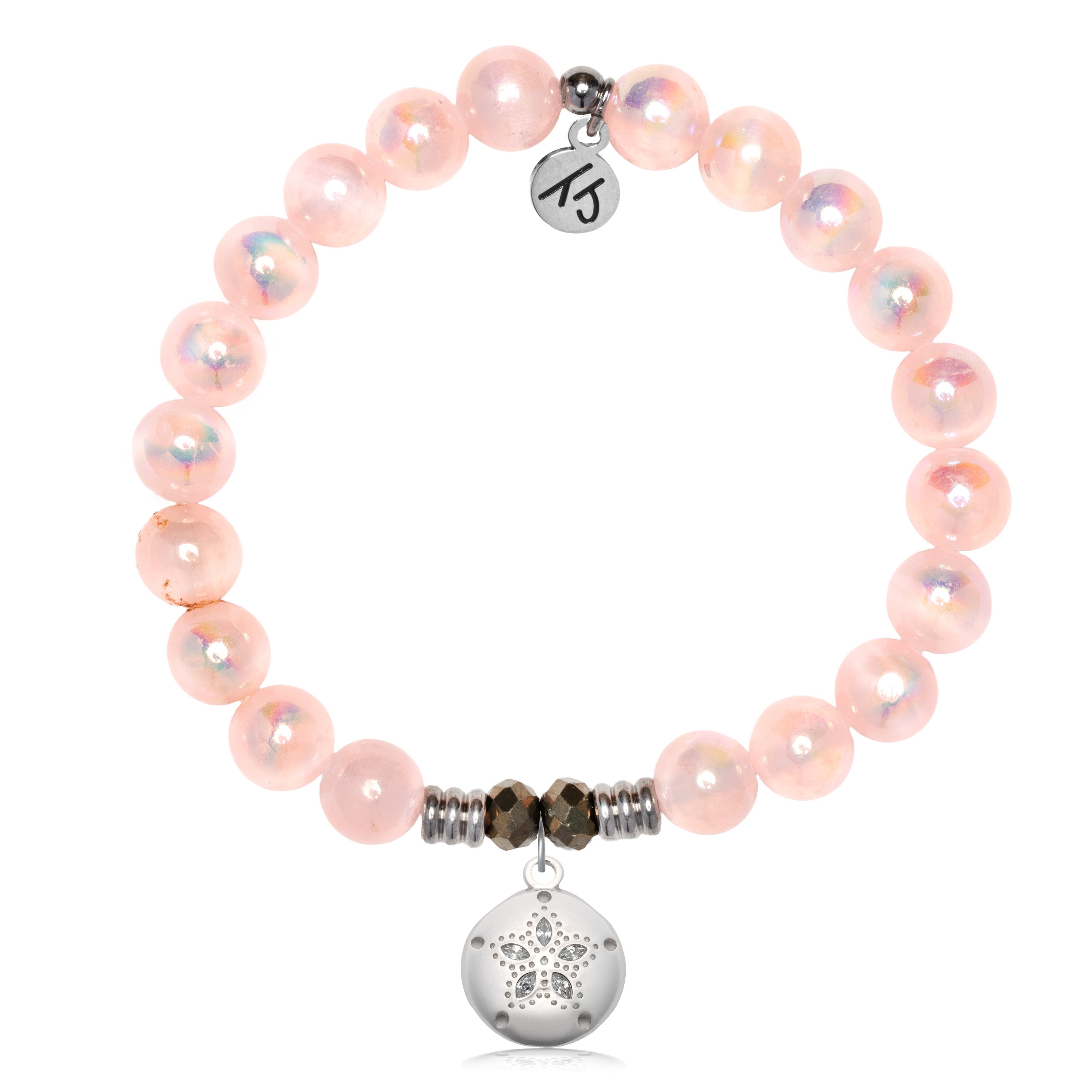 Pink Selenite Gemstone Bracelet with Sand Dollar CZ Sterling Silver Charm