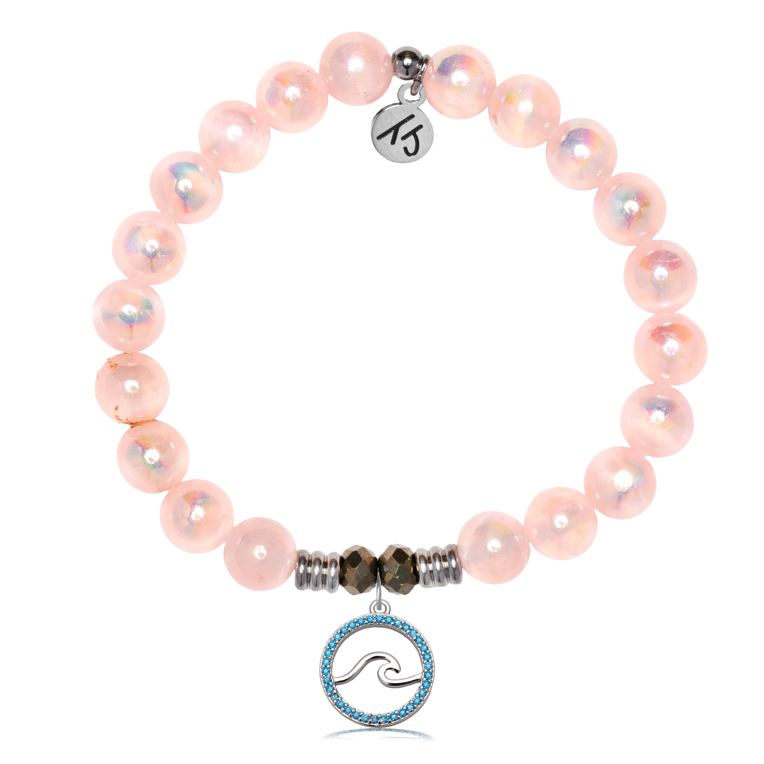 Pink Selenite Gemstone Bracelet with Serenity Wave Sterling Silver Charm