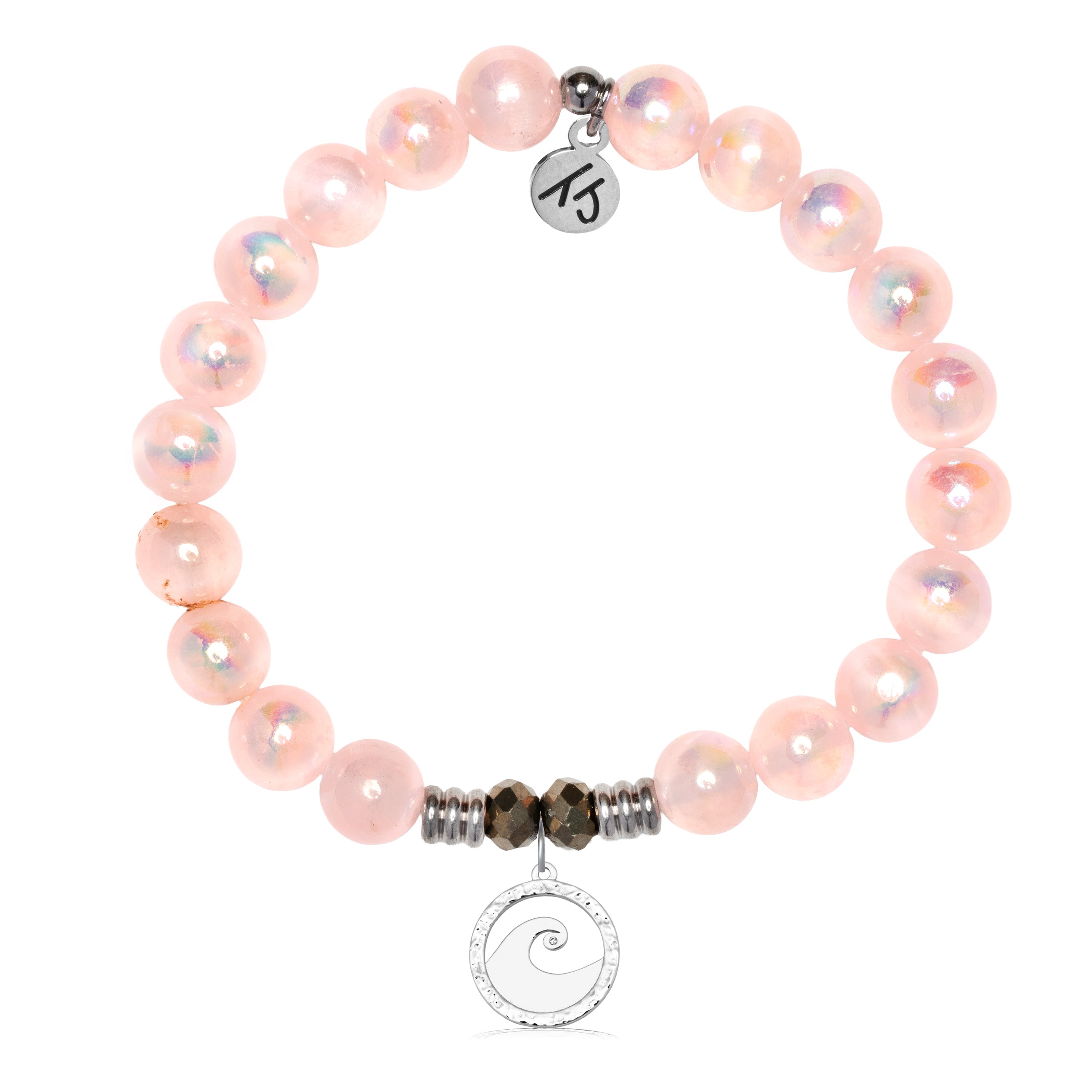 Pink Selenite Gemstone Bracelet with Waves of Strength Sterling Silver Charm