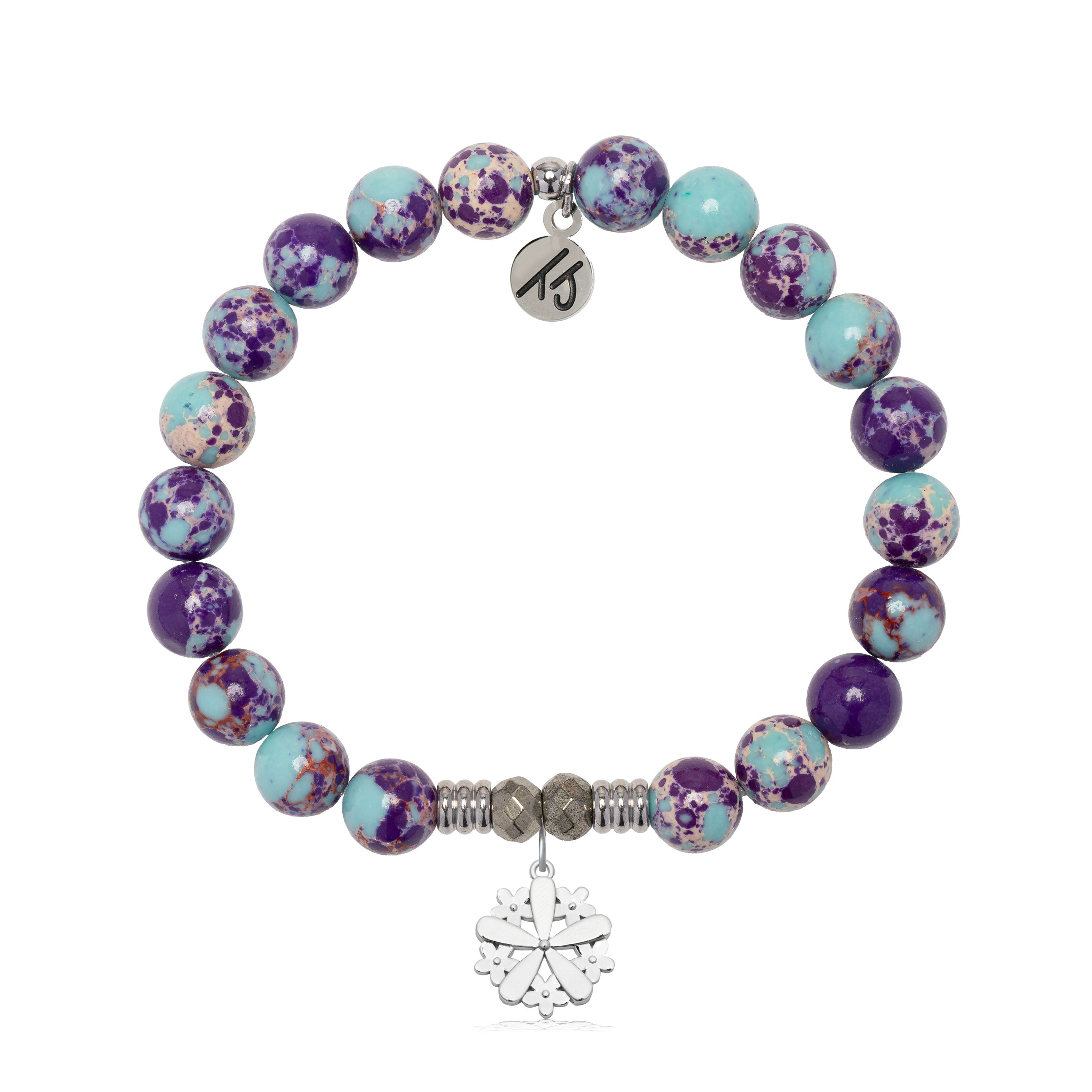 Purple Blue Jasper Bracelet with Thank You Flower Sterling Silver Charm