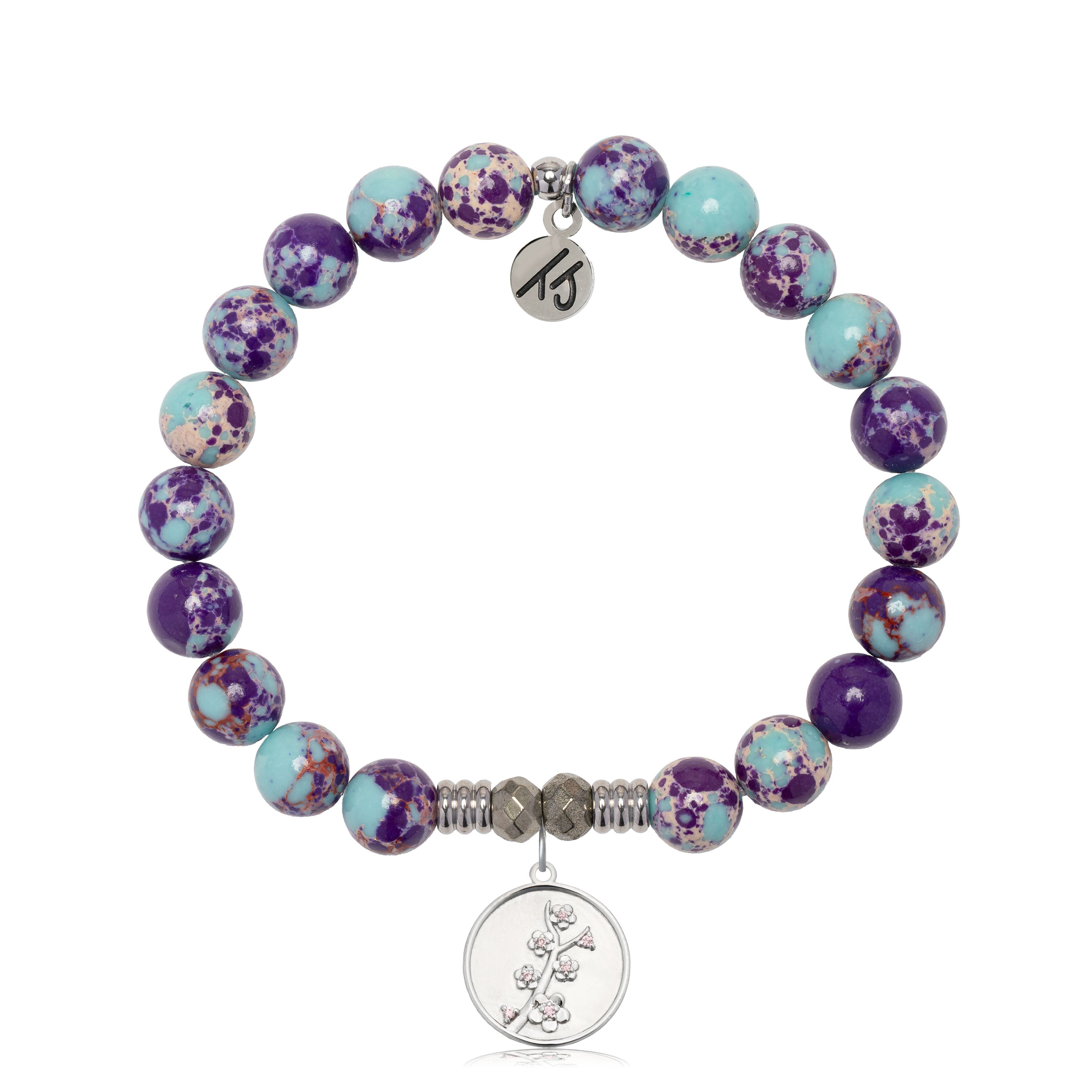 Purple Blue Jasper Gemstone Bracelet with Cherry Blossom Sterling Silver Charm