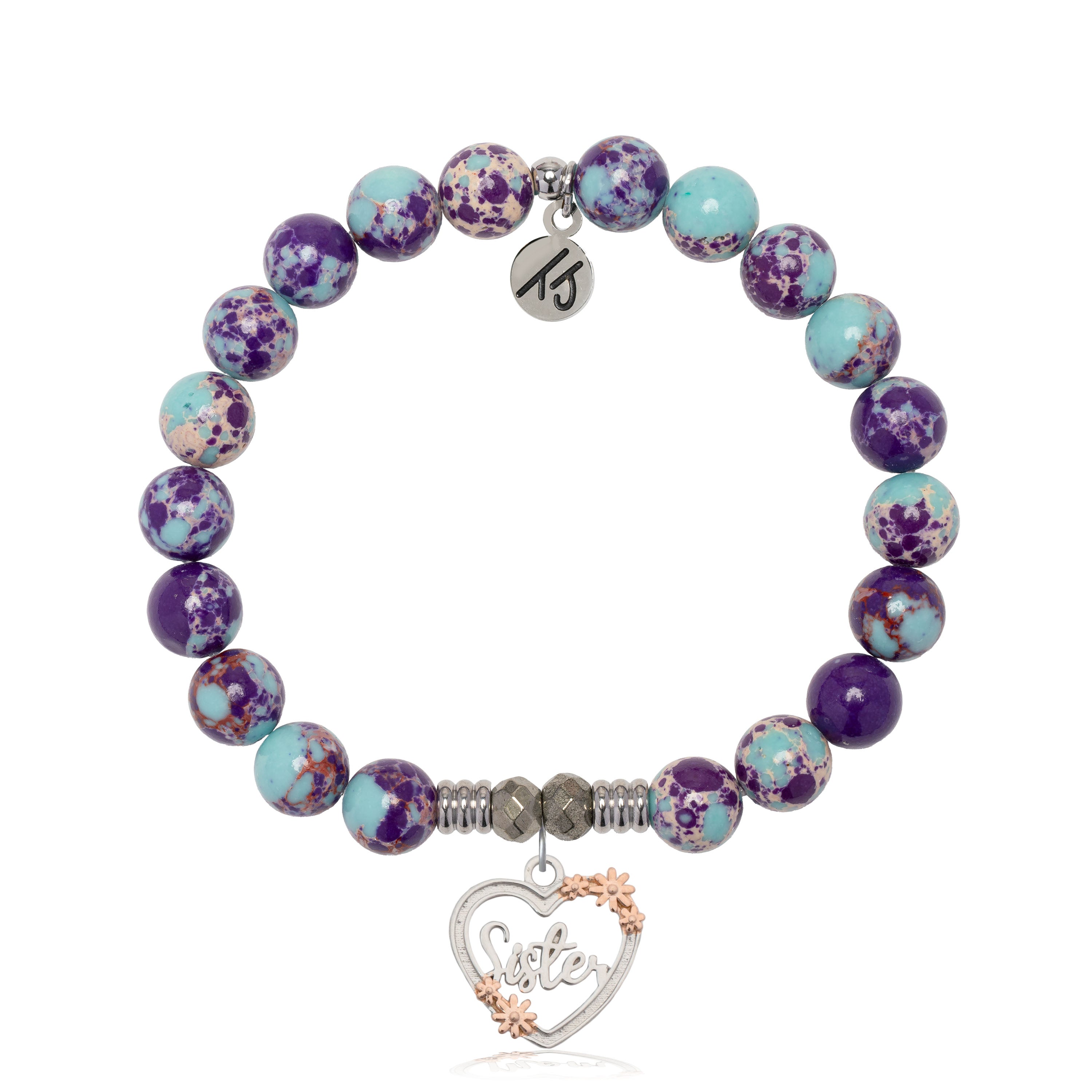 Purple Blue Jasper Gemstone Bracelet with Heart Sister Sterling Silver Charm