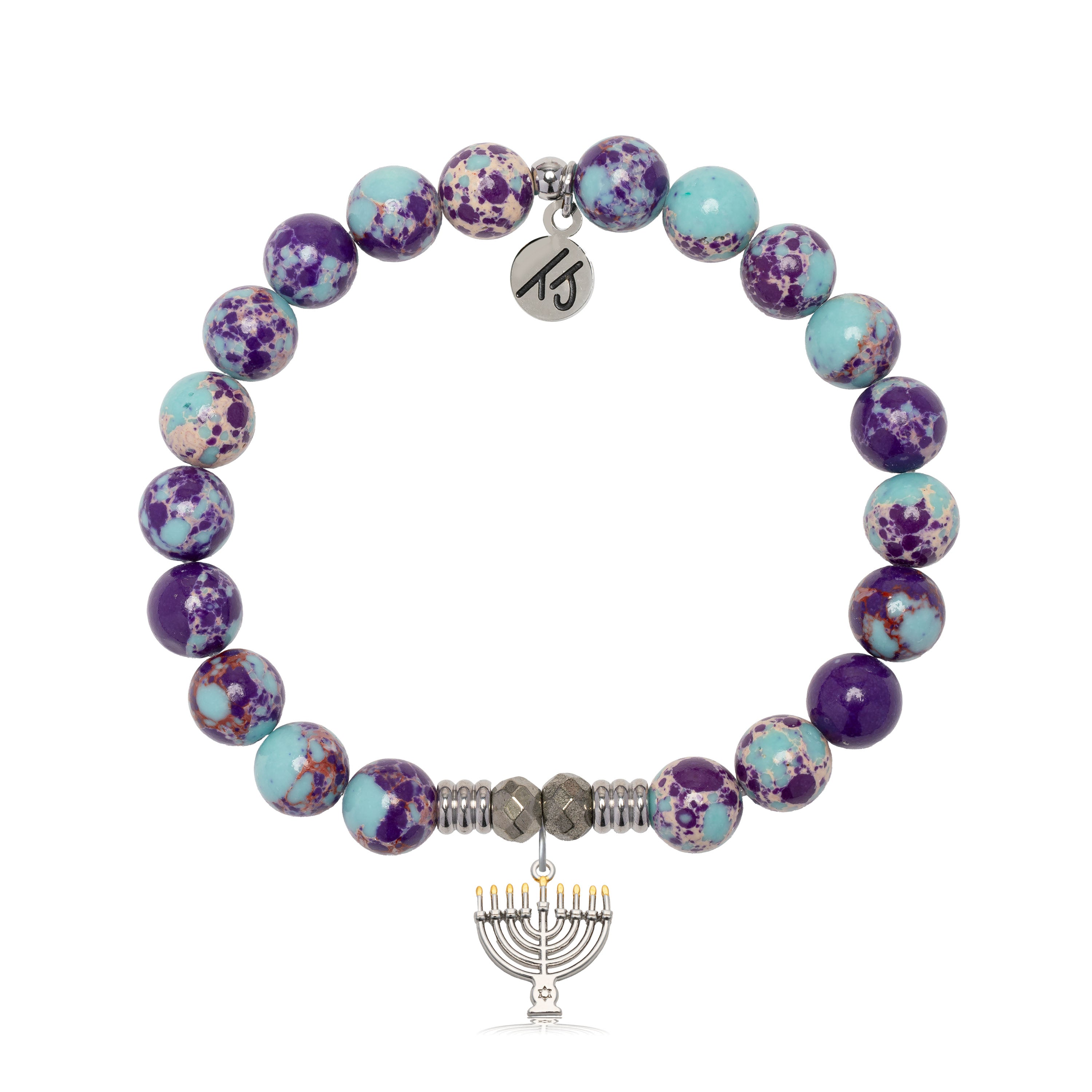 Purple Blue Jasper Gemstone Bracelet with Menorah Sterling Silver Charm