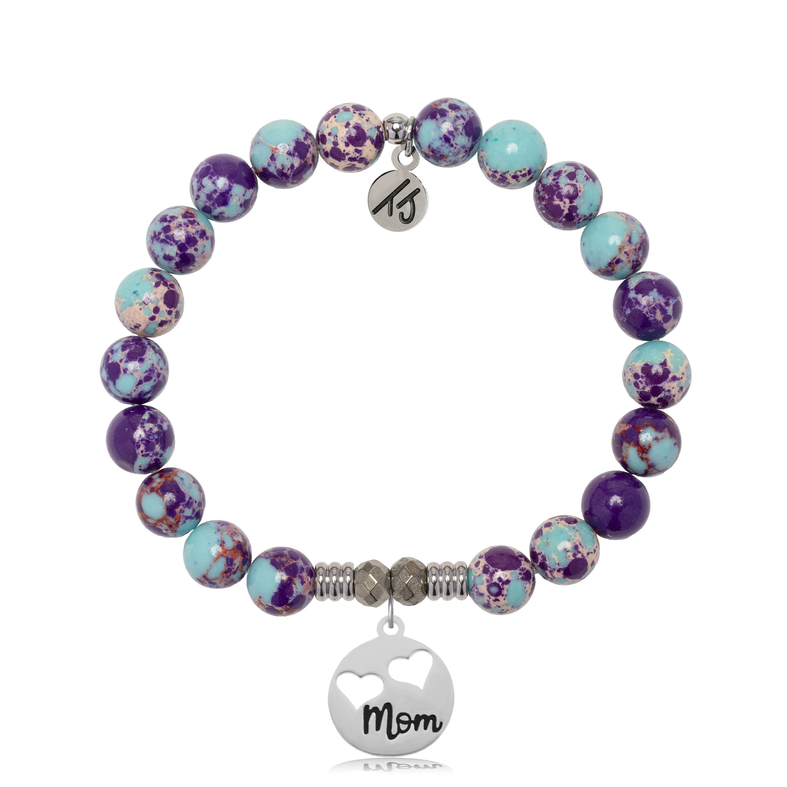 Purple Blue Jasper Gemstone Bracelet with Mom Hearts Sterling Silver Charm