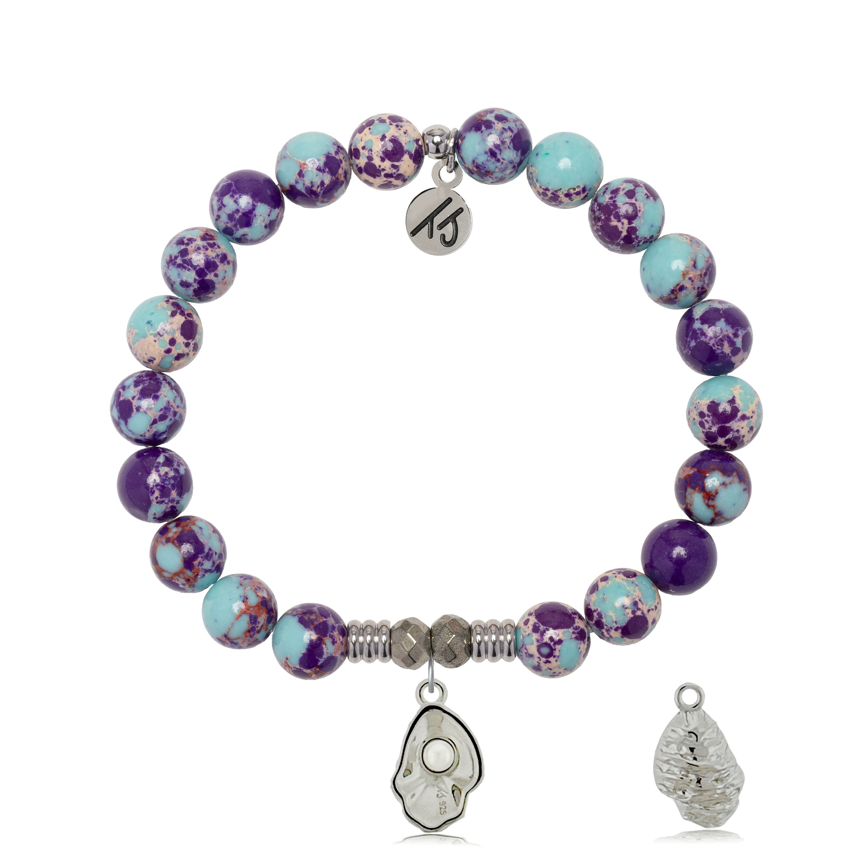 Purple Blue Jasper Gemstone Bracelet with Oyster Sterling Silver Charm