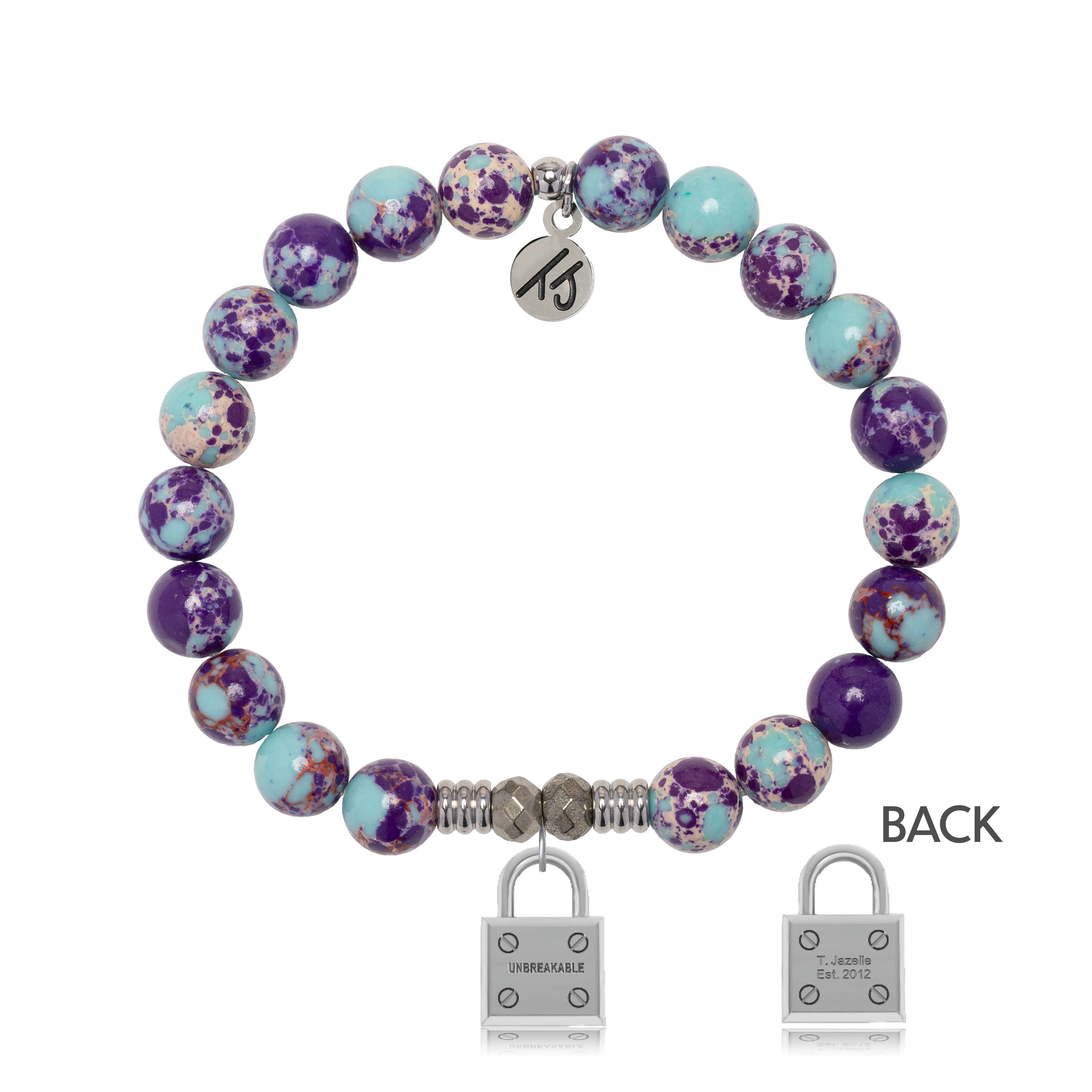 Purple Blue Jasper Gemstone Bracelet with Unbreakable Sterling Silver Charm