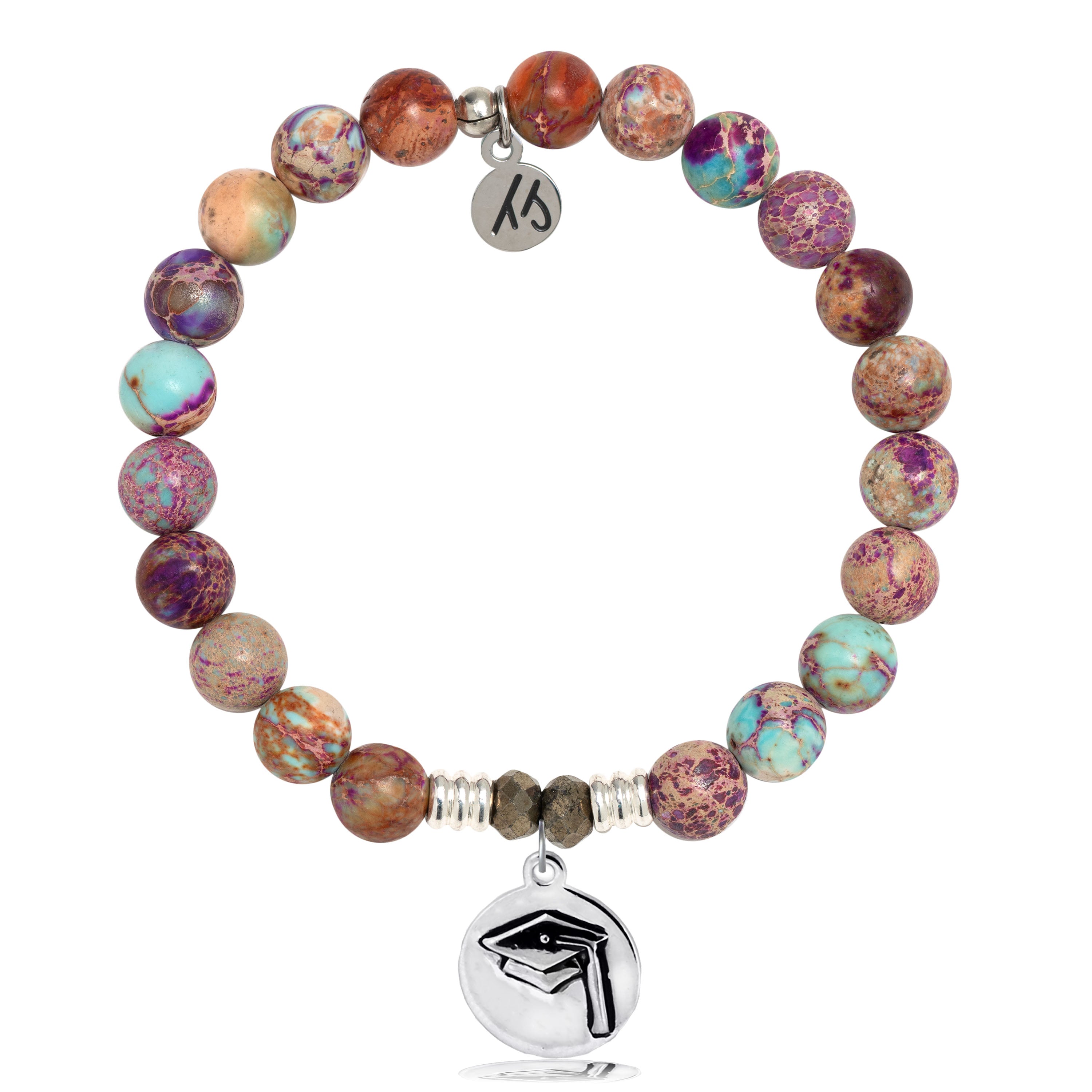 Purple Jasper Stone Bracelet with Grad Cap Sterling Silver Charm