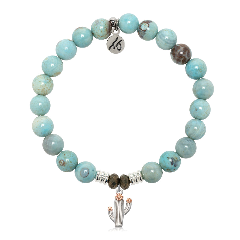 Robins Egg Agate Gemstone Bracelet with Cactus Cutout Sterling Silver Charm