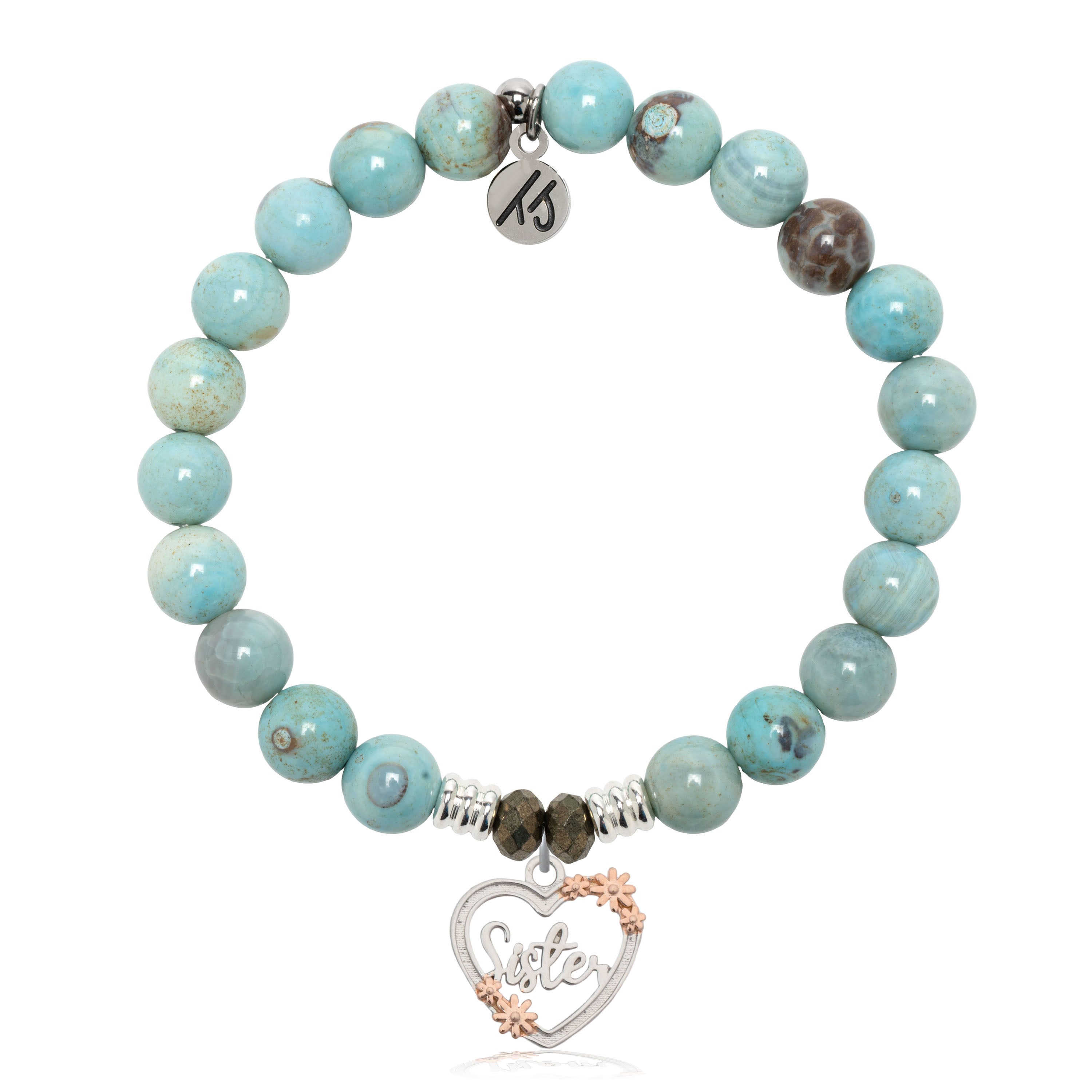 Robins Egg Agate Gemstone Bracelet with Heart Sister Sterling Silver Charm