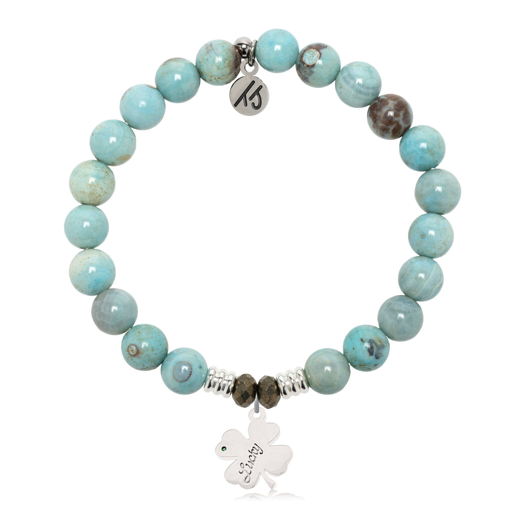 Robins Egg Agate Gemstone Bracelet with Lucky Clover Sterling Silver Charm