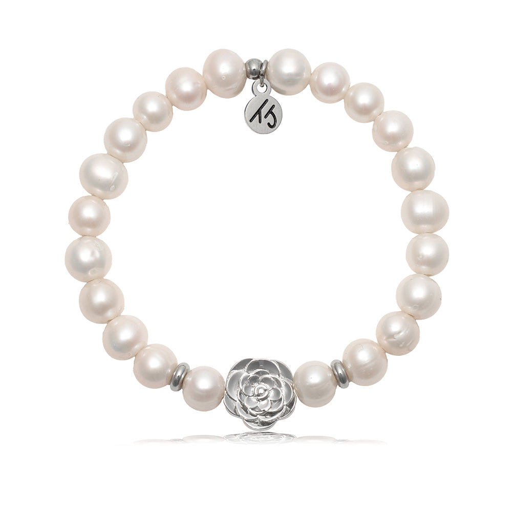 Rose Collection- White Pearl Bracelet with Sterling Silver Rose Bead