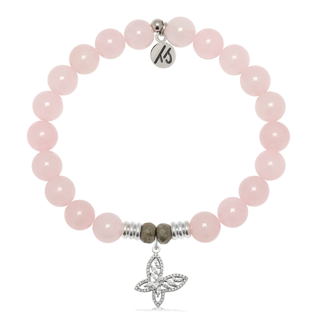 Rose Quartz Gemstone Bracelet with Butterfly CZ Sterling Silver Charm