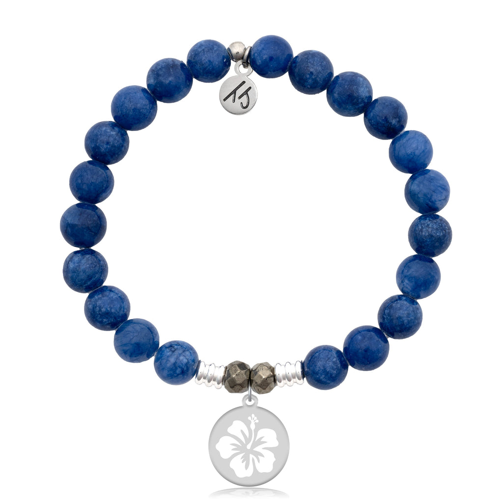 Royal Jade Stone Bracelet with Hibiscus Sterling Silver Charm