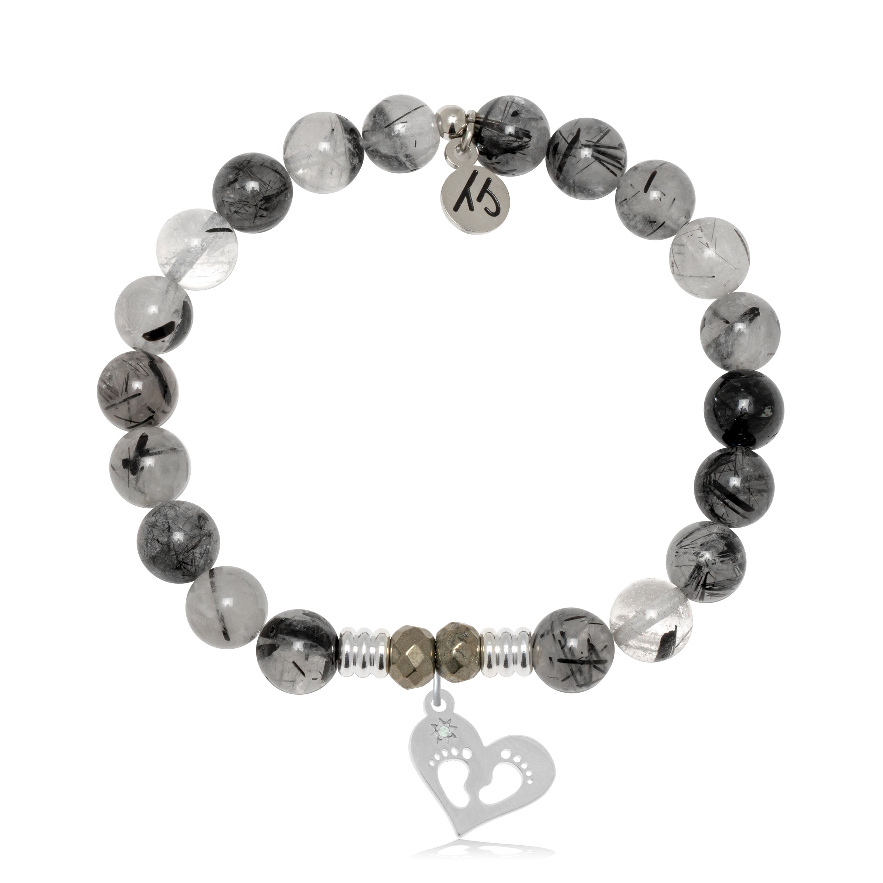 Rutilated Quartz Gemstone Bracelet with Baby Feet Sterling Silver Charm