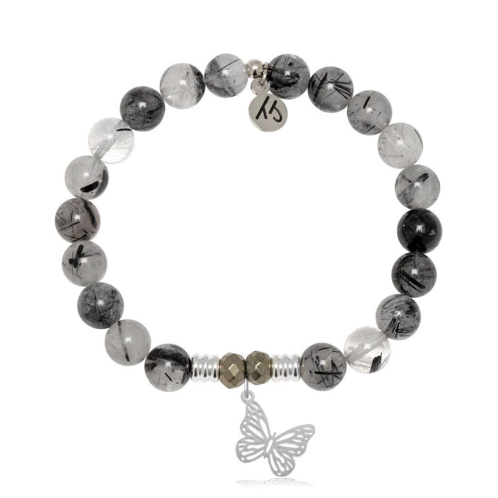 Rutilated Quartz Gemstone Bracelet with Butterfly Sterling Silver Charm