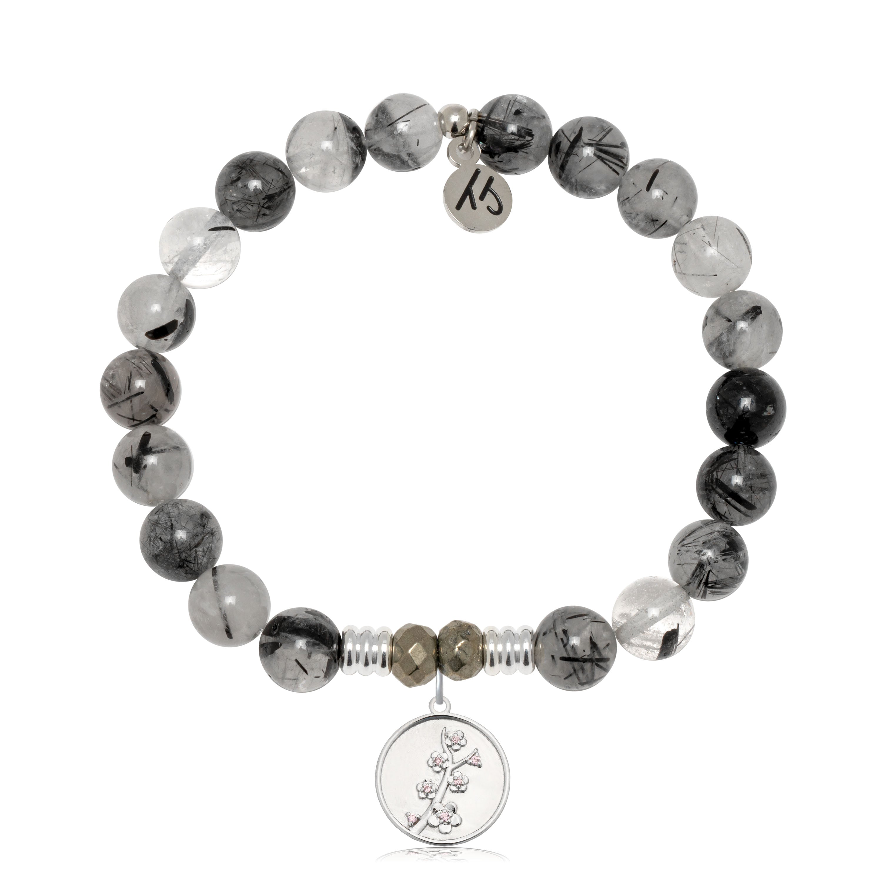 Rutilated Quartz Gemstone Bracelet with Cherry Blossom Sterling Silver Charm