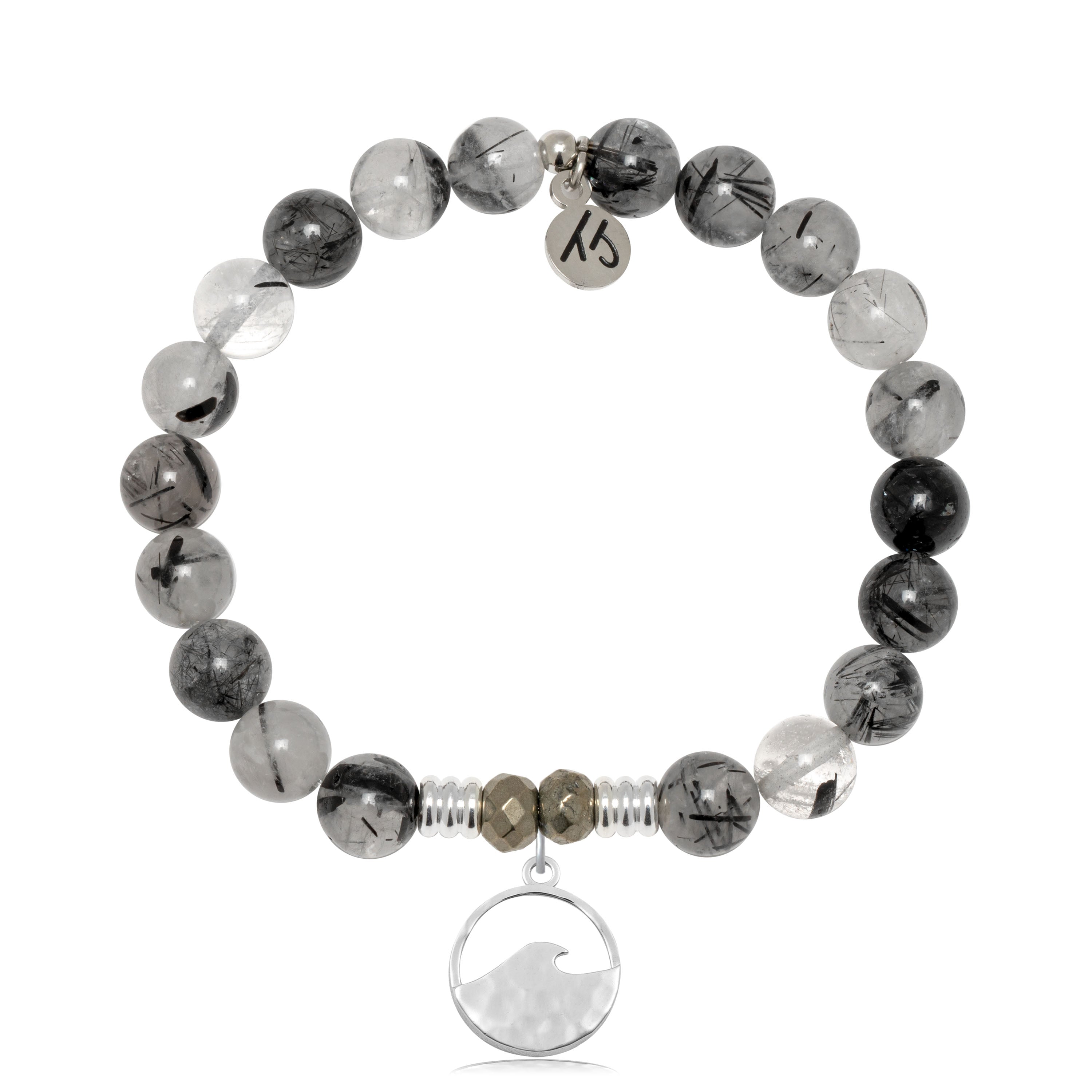 Rutilated Quartz Gemstone Bracelet with Hammered Waves Sterling Silver Charm