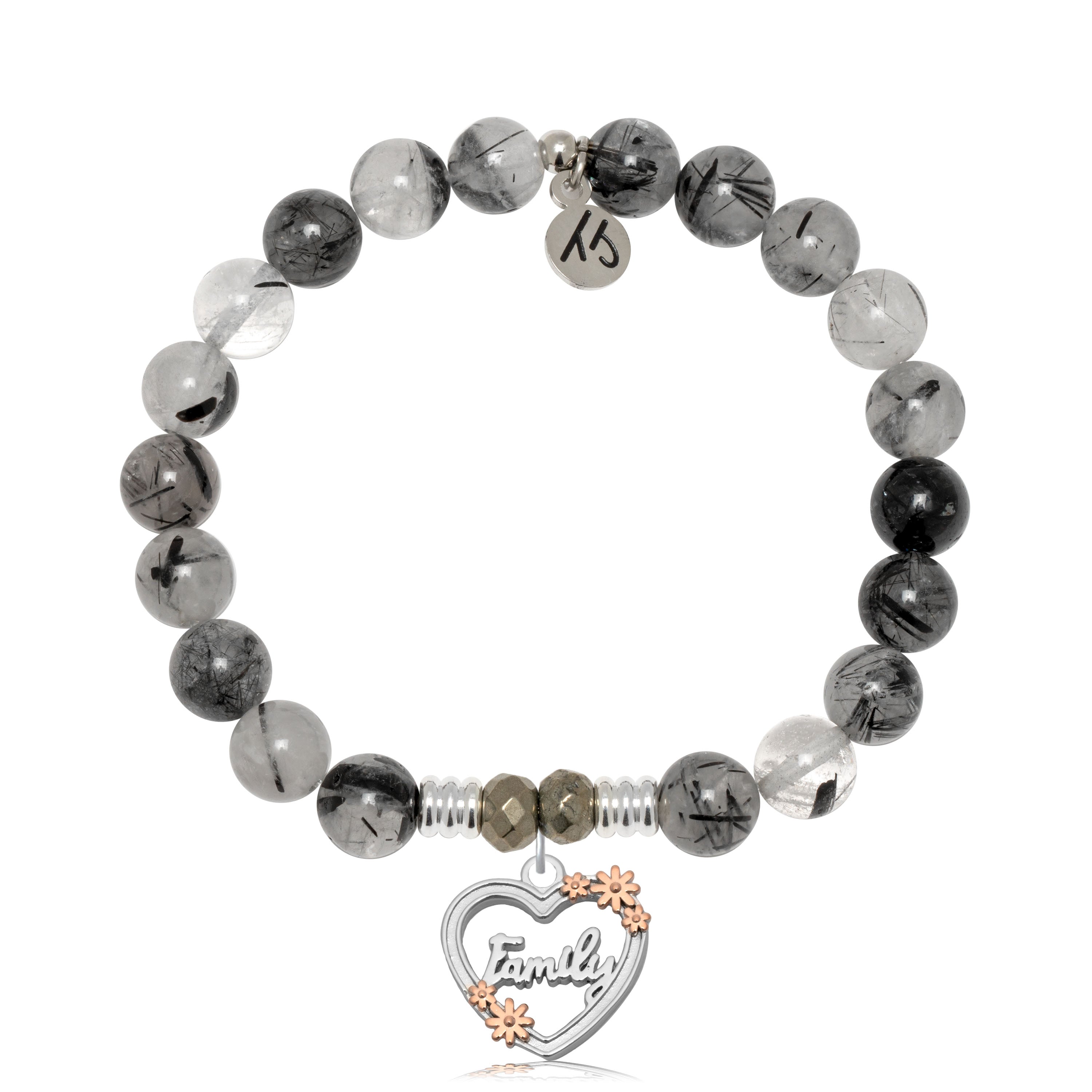 Rutilated Quartz Gemstone Bracelet with Heart Family Sterling Silver Charm