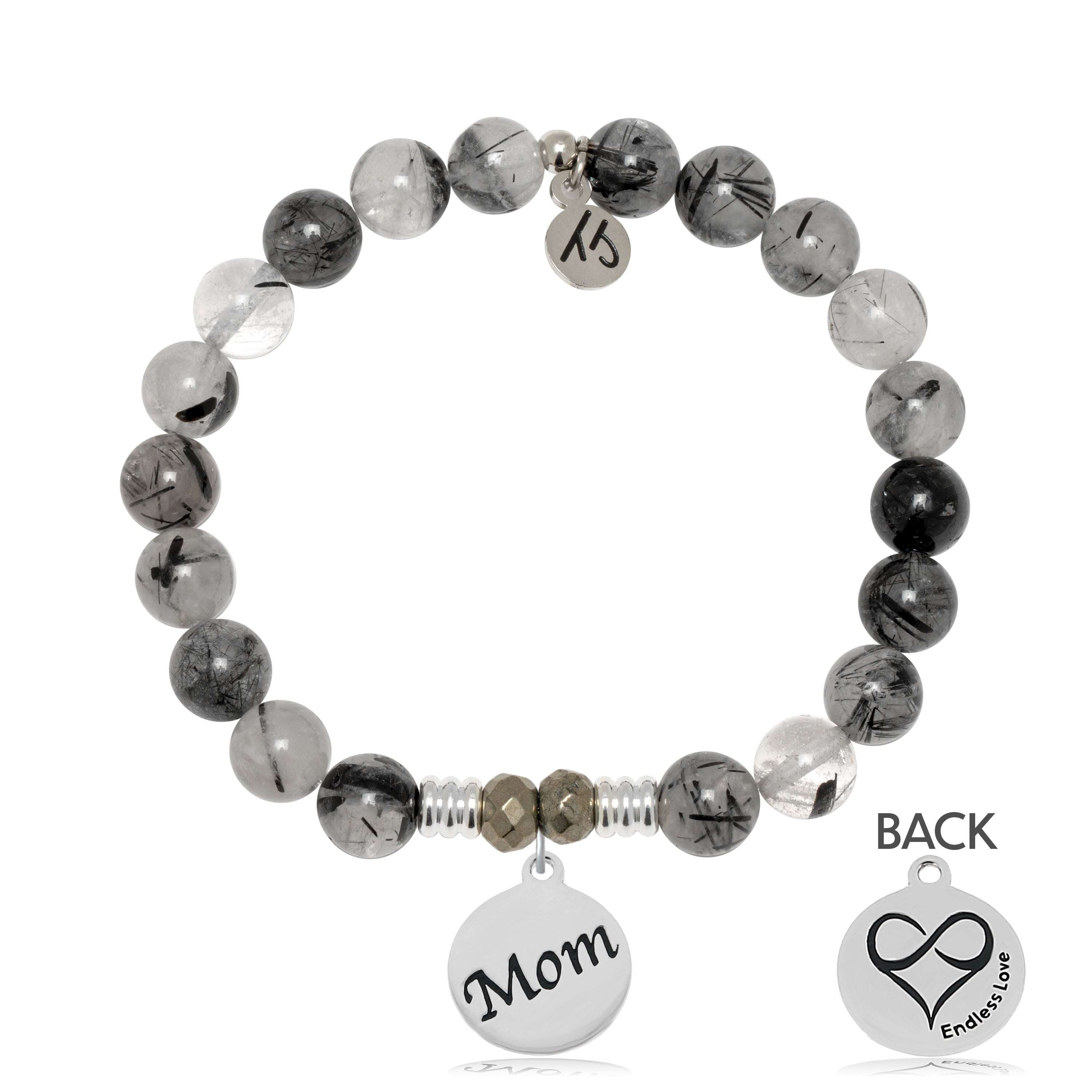 Rutilated Quartz Gemstone Bracelet with Mom Sterling Silver Charm