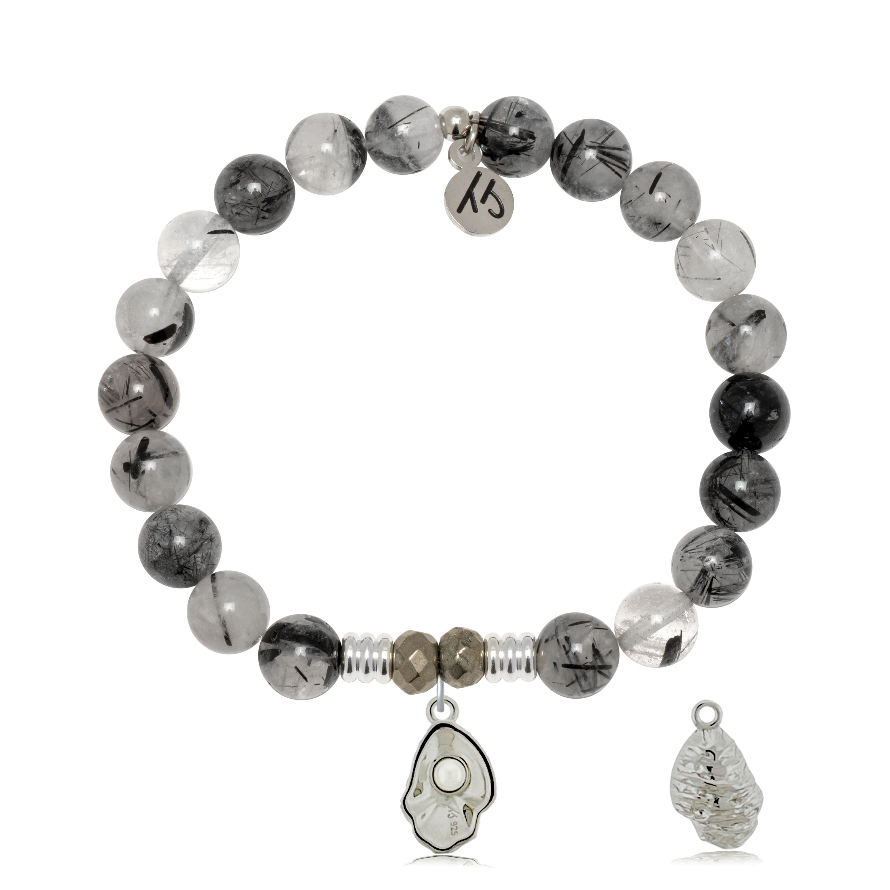 Rutilated Quartz Gemstone Bracelet with Oyster Sterling Silver Charm