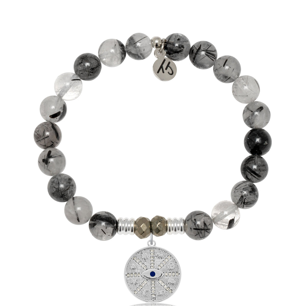 Rutilated Quartz Gemstone Bracelet with Protection Sterling Silver Charm
