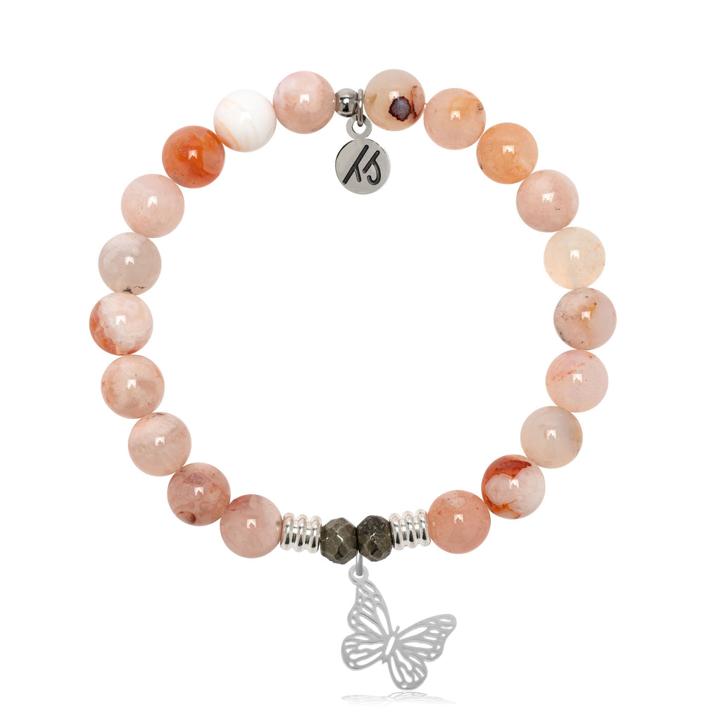Sakura Agate Gemstone Bracelet with Butterfly Sterling Silver Charm