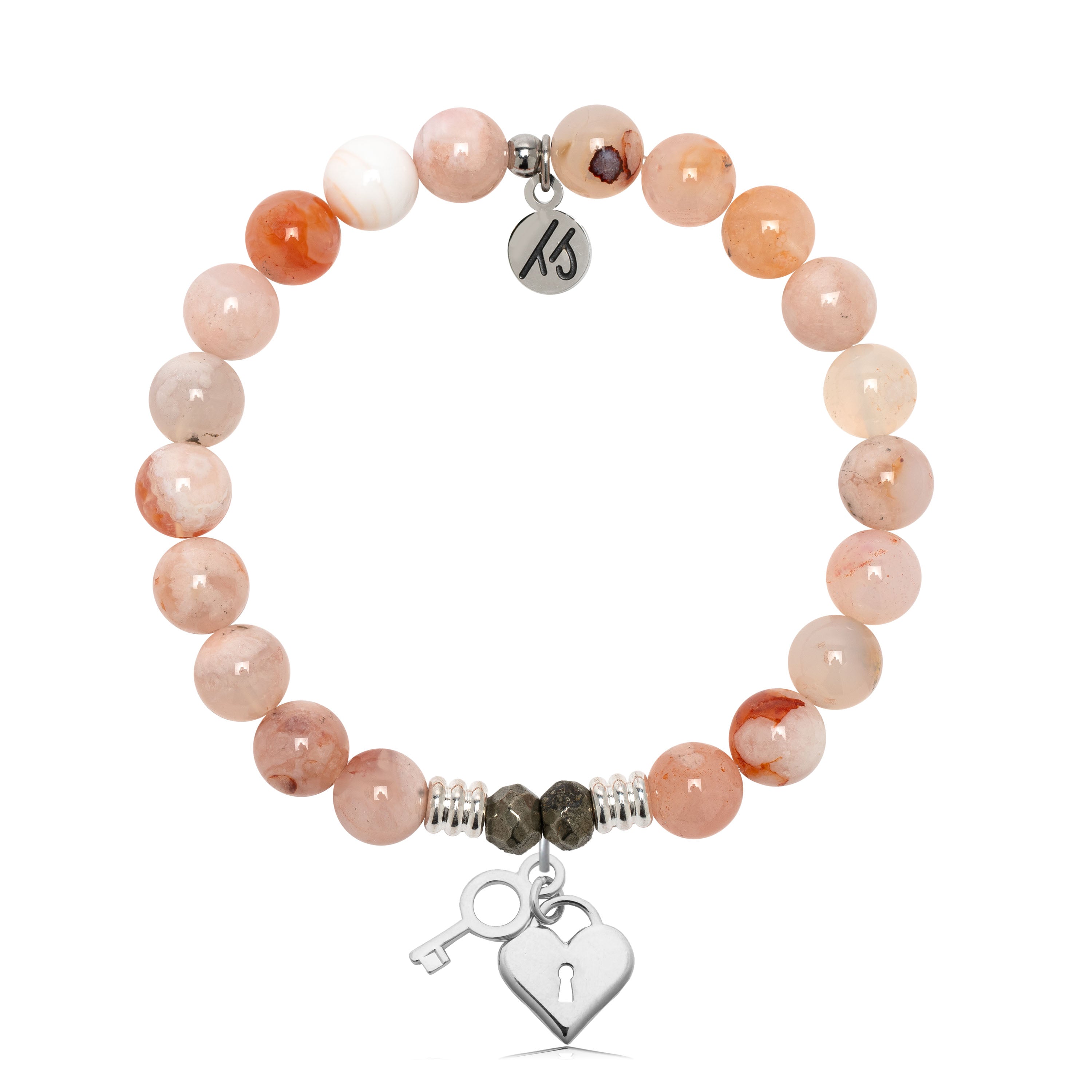 Sakura Agate Gemstone Bracelet with Key to my Heart Sterling Silver Charm